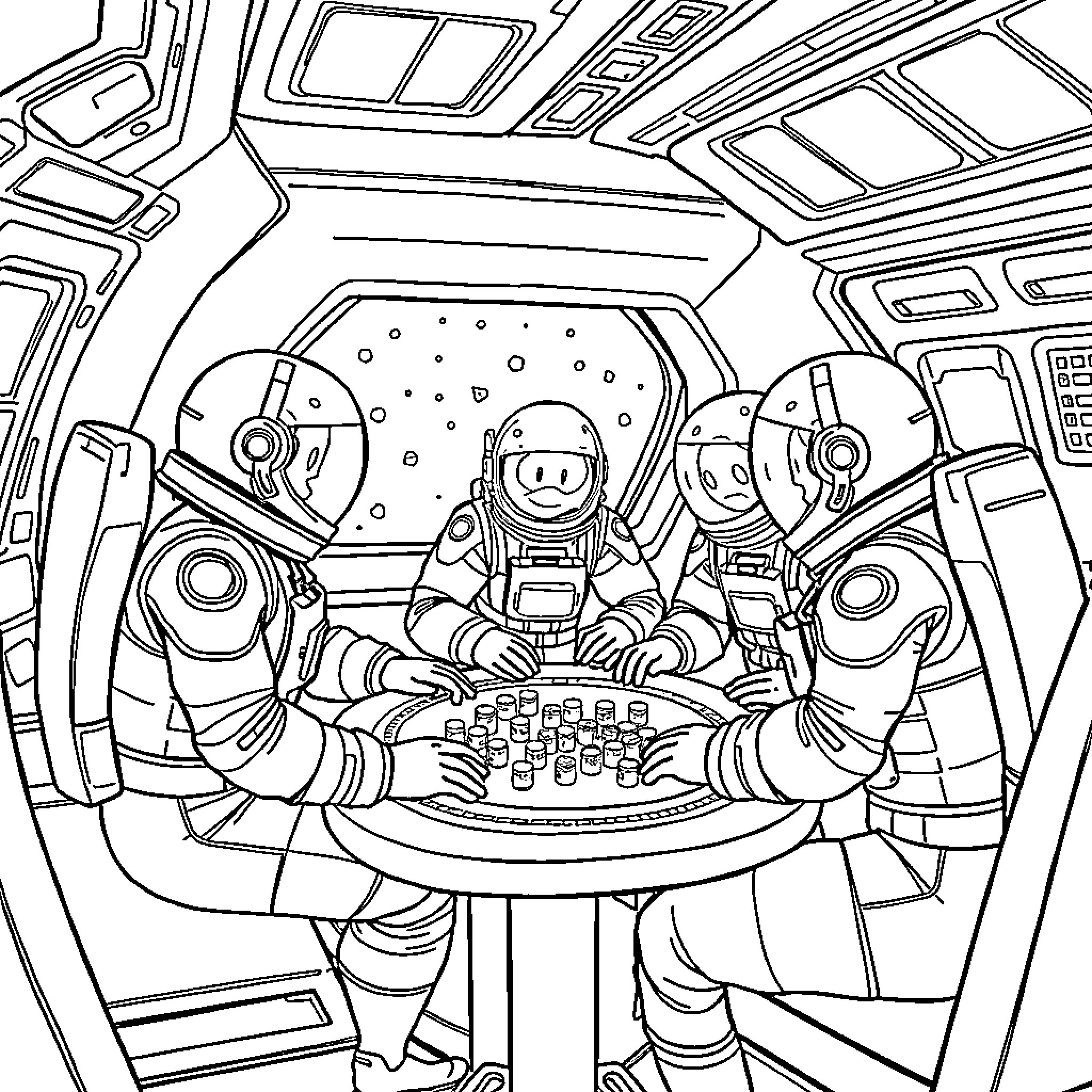 Among Us Characters in Sci-Fi Spaceship Interior Coloring Page (free black-and-white line drawing printable PDF for all, from beginners to advanced learners, including children, teens, adults, and seniors)