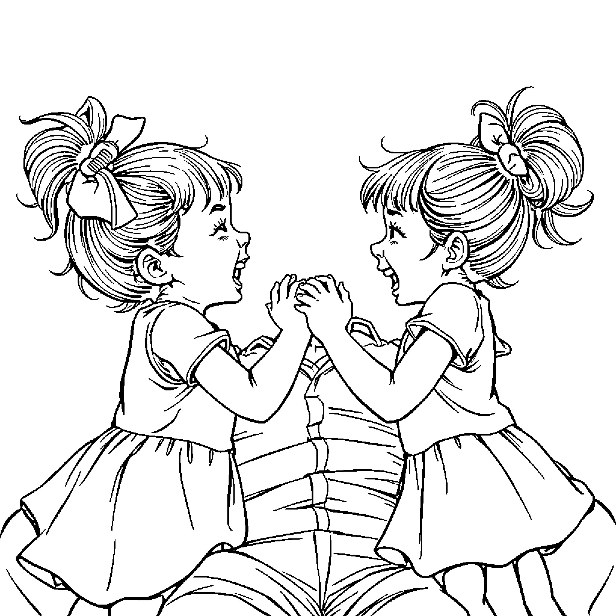 Twin Girls Playfully Interacting Coloring Page (free black-and-white line drawing printable PDF for all, from beginners to advanced learners, including children, teens, adults, and seniors)