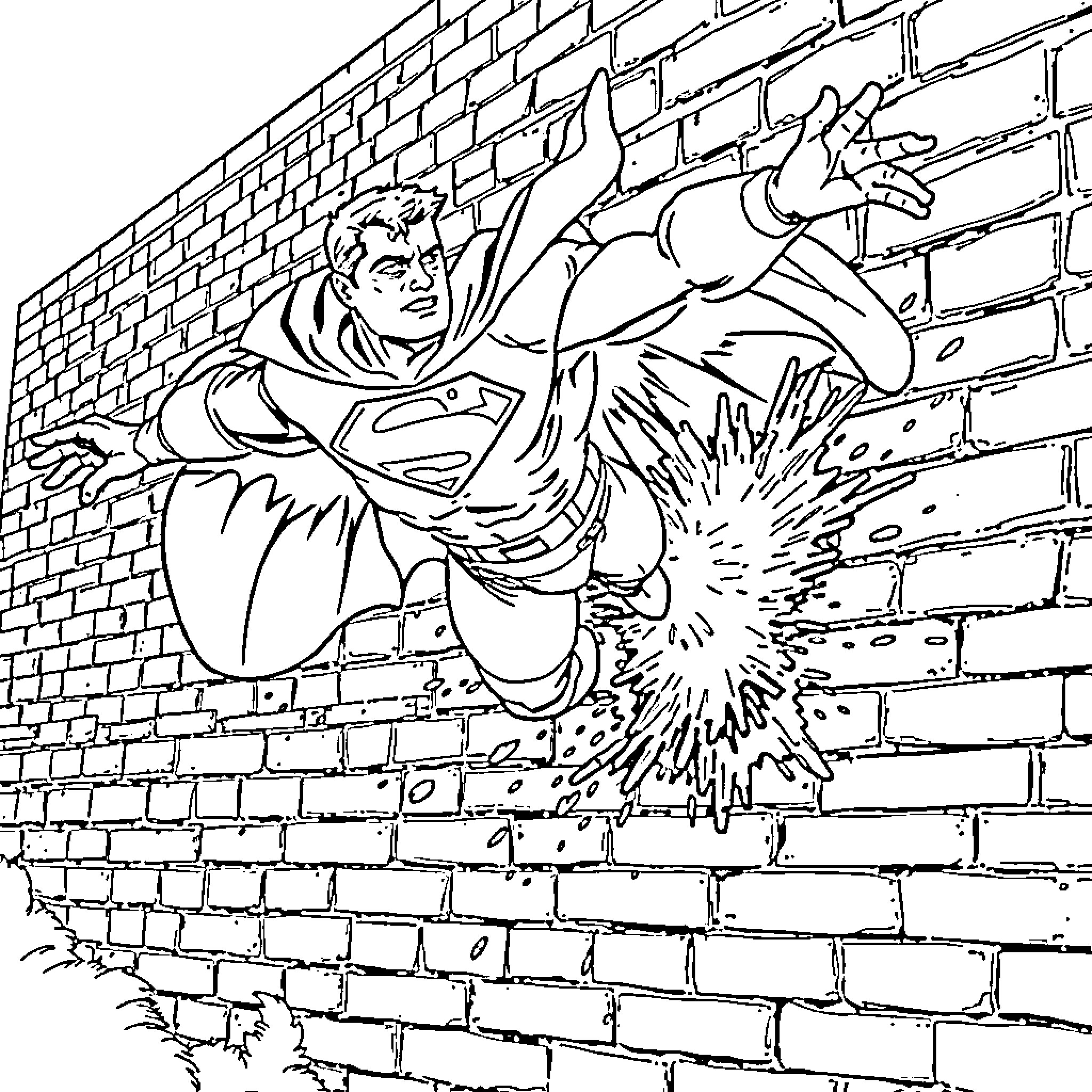 American Hero Bursts Through Brick Wall Coloring Page (free black-and-white line drawing printable PDF for all, from beginners to advanced learners, including children, teens, adults, and seniors)