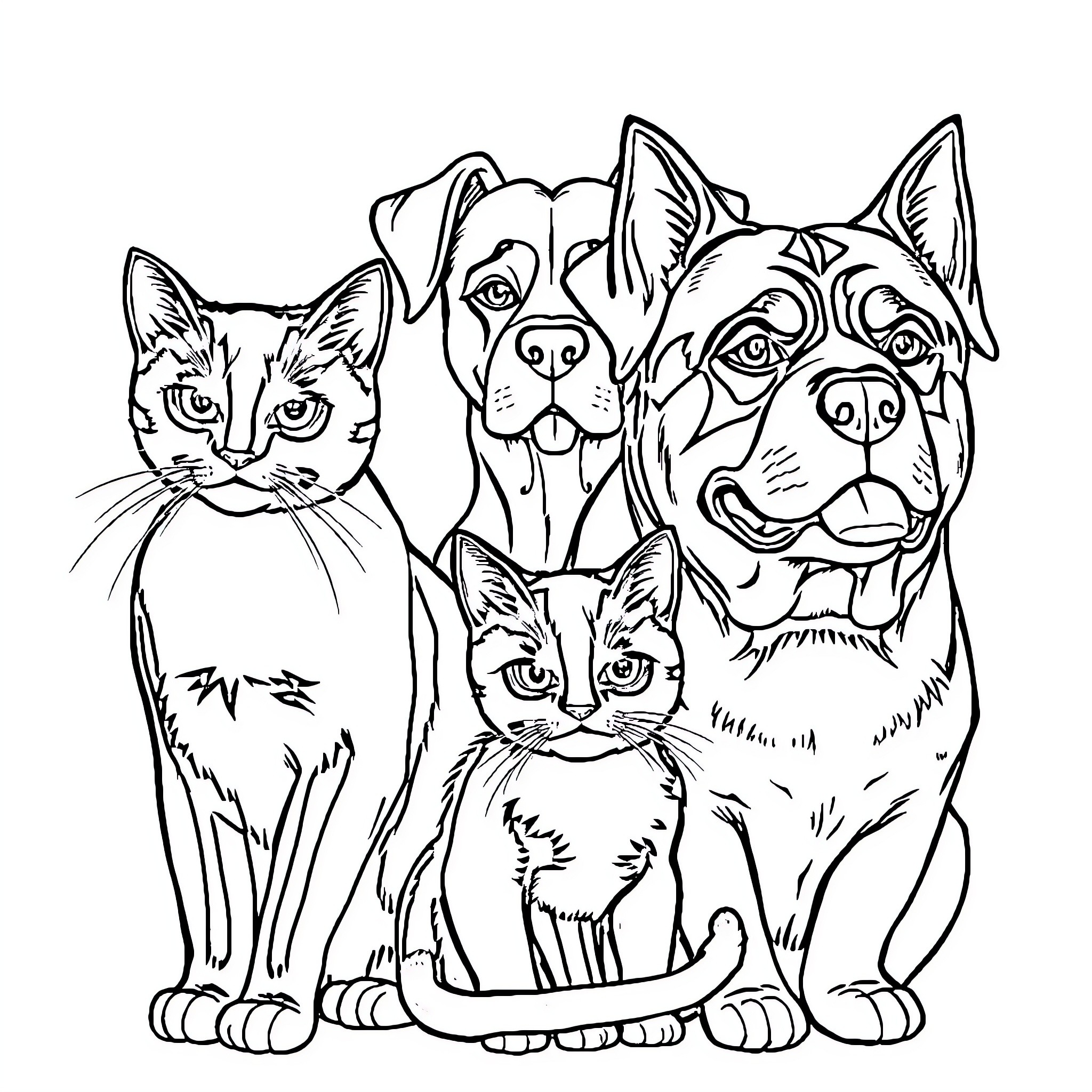 Cat and Dog Companions Coloring Page (free black-and-white line drawing printable PDF for all, from beginners to advanced learners, including children, teens, adults, and seniors)