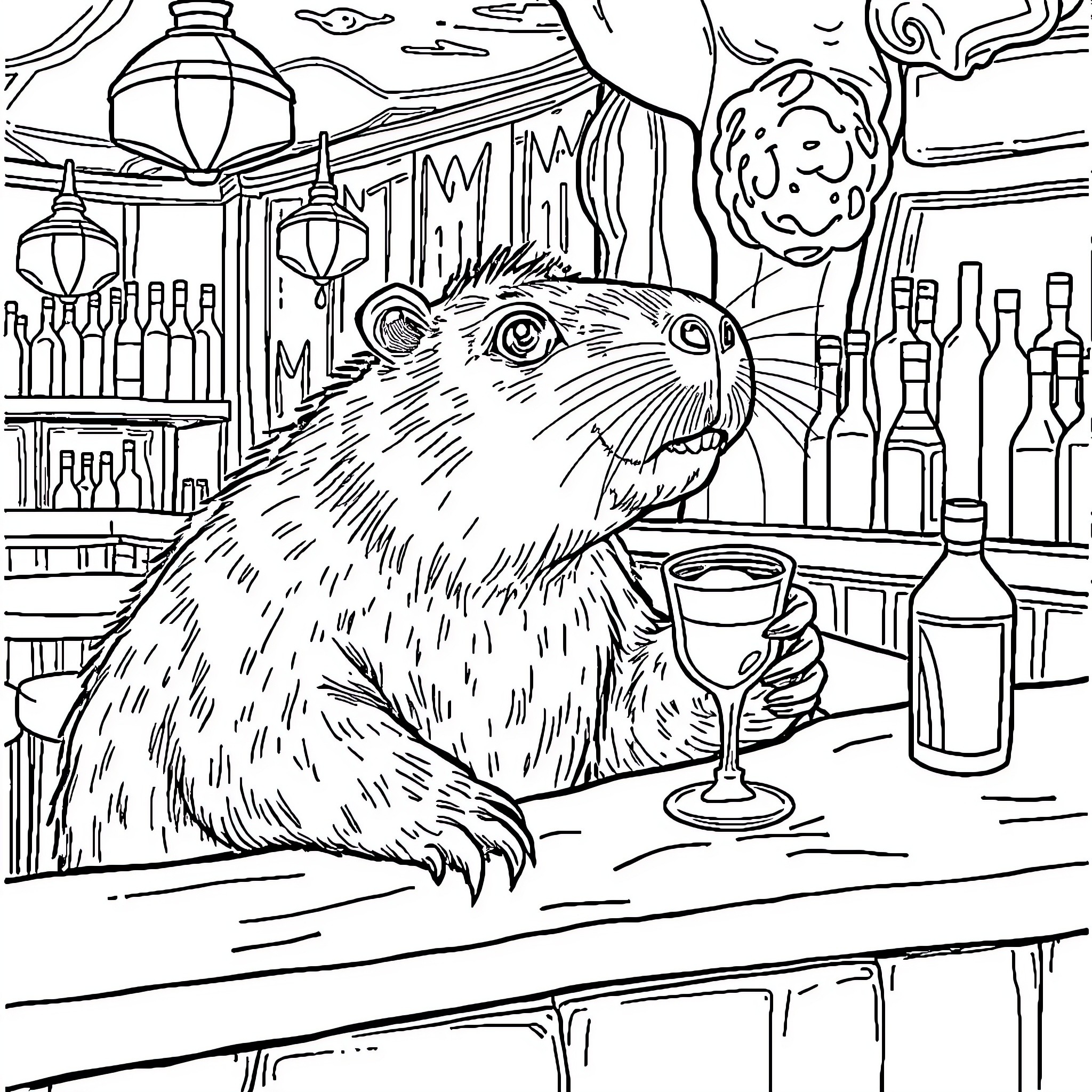 Capybara enjoying a drink at the bar Coloring Page (free black-and-white line drawing printable PDF for all, from beginners to advanced learners, including children, teens, adults, and seniors)