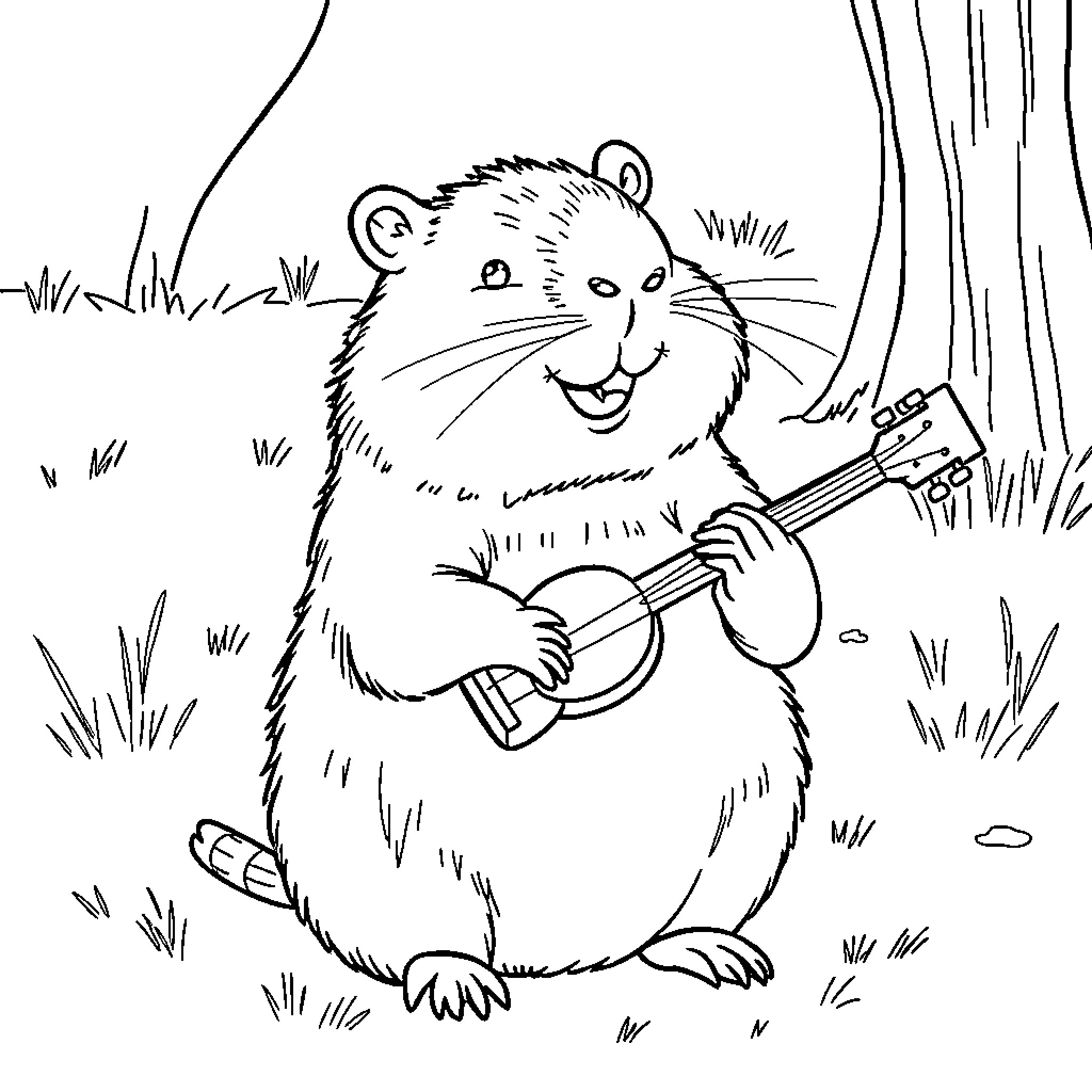 Capybara playing guitar in the forest Coloring Page (free black-and-white line drawing printable PDF for all, from beginners to advanced learners, including children, teens, adults, and seniors)