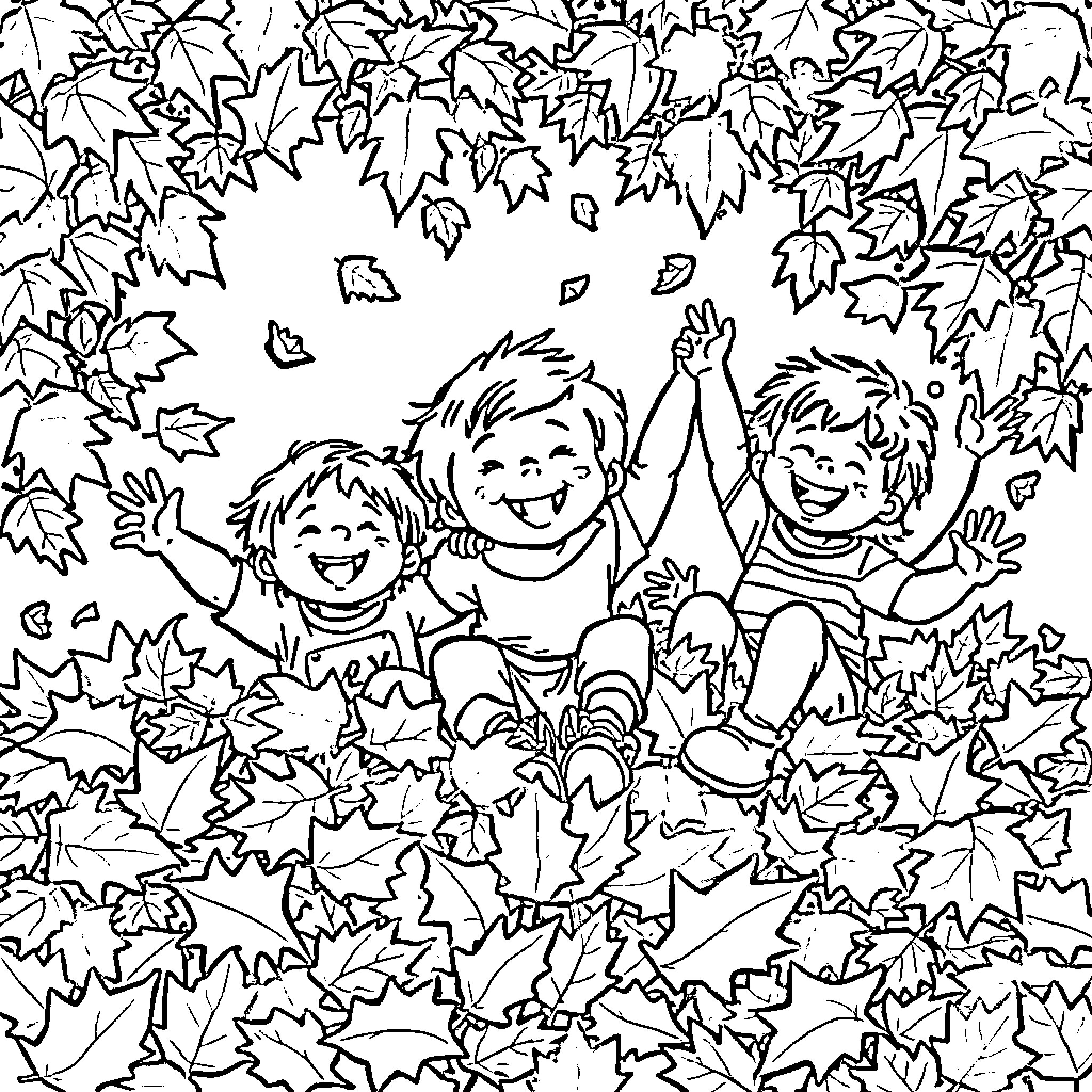 Children Playing in the Autumn Leaves Coloring Page (free black-and-white line drawing printable PDF for all, from beginners to advanced learners, including children, teens, adults, and seniors)