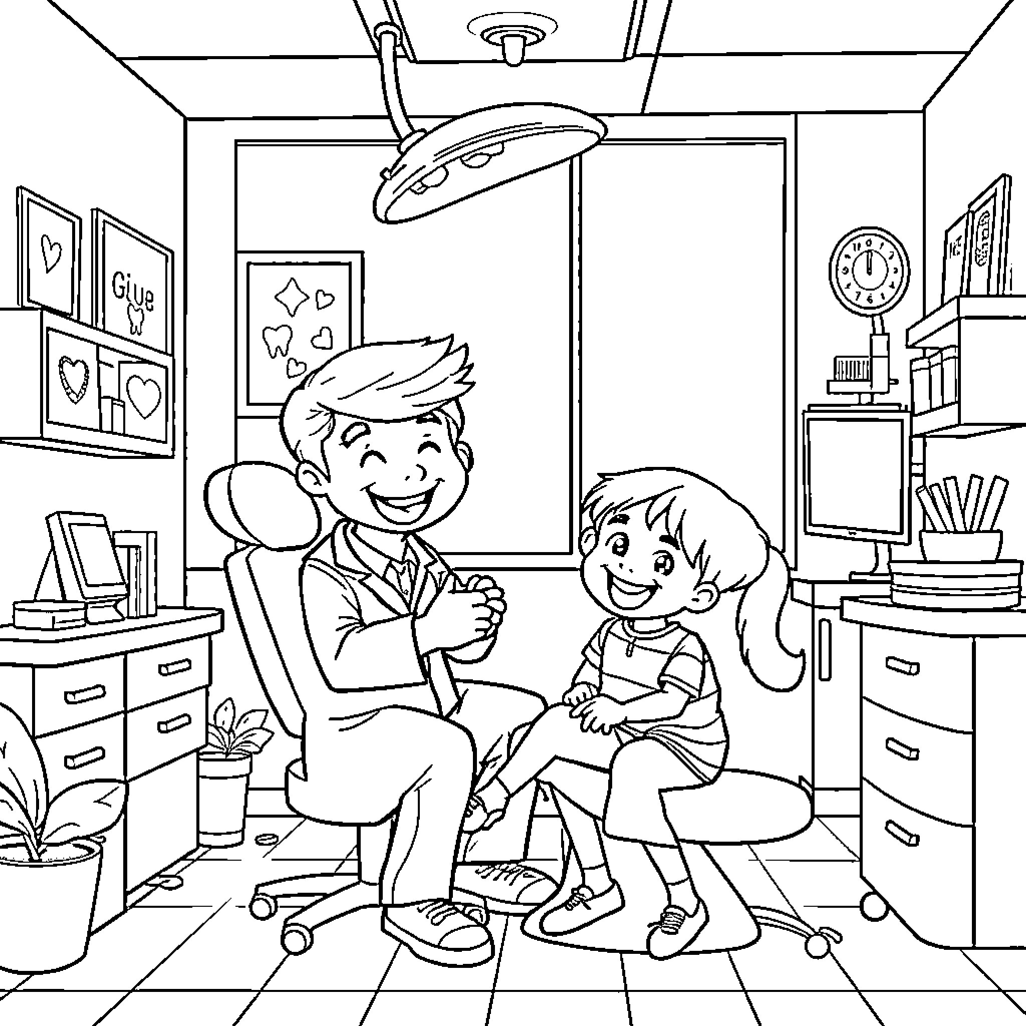 Dentist examining and comforting young patient in clinic Coloring Page (free black-and-white line drawing printable PDF for all, from beginners to advanced learners, including children, teens, adults, and seniors)