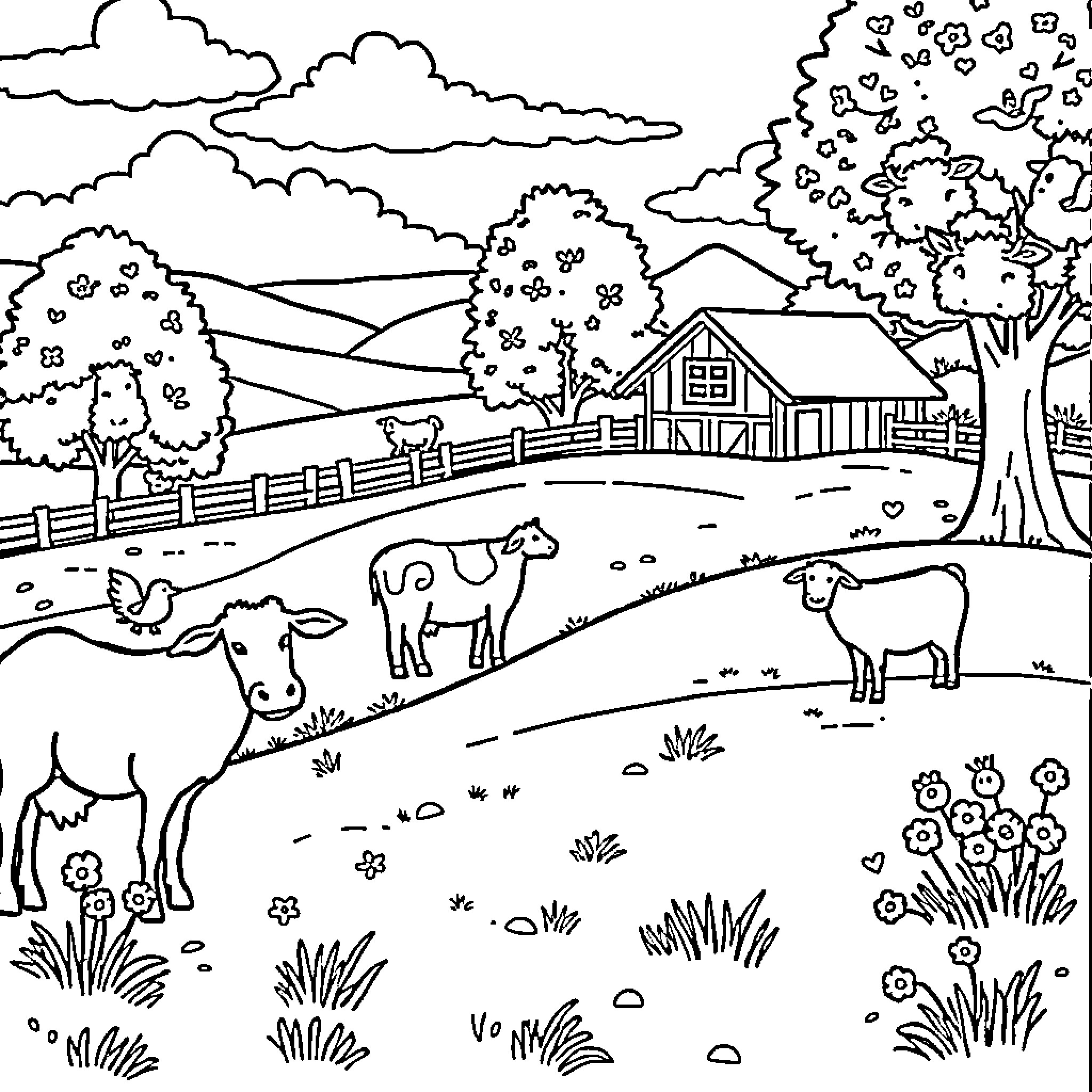 Farm animals grazing in peaceful countryside Coloring Page (free black-and-white line drawing printable PDF for all, from beginners to advanced learners, including children, teens, adults, and seniors)