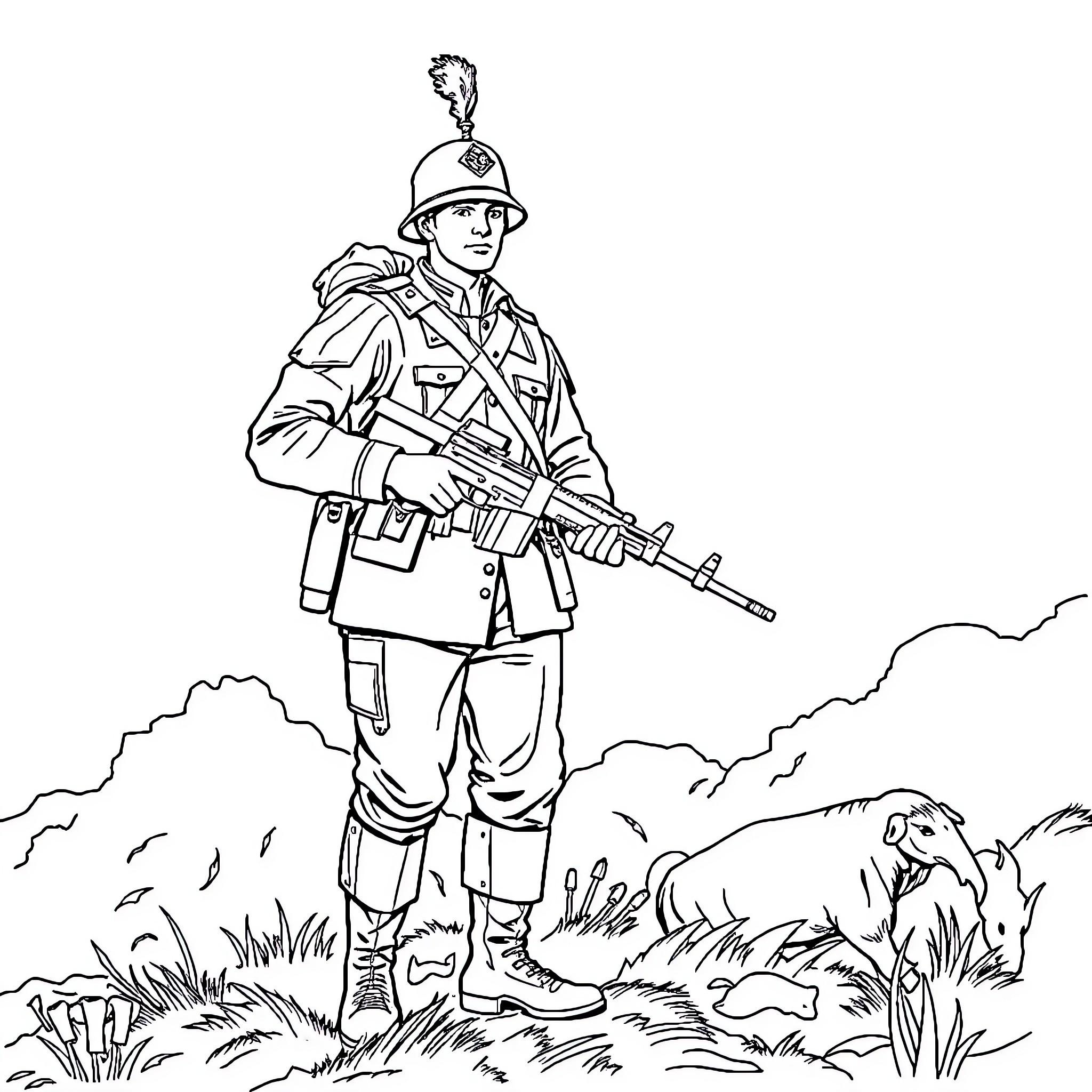 Soldier standing vigilant in the field Coloring Page (free black-and-white line drawing printable PDF for all, from beginners to advanced learners, including children, teens, adults, and seniors)