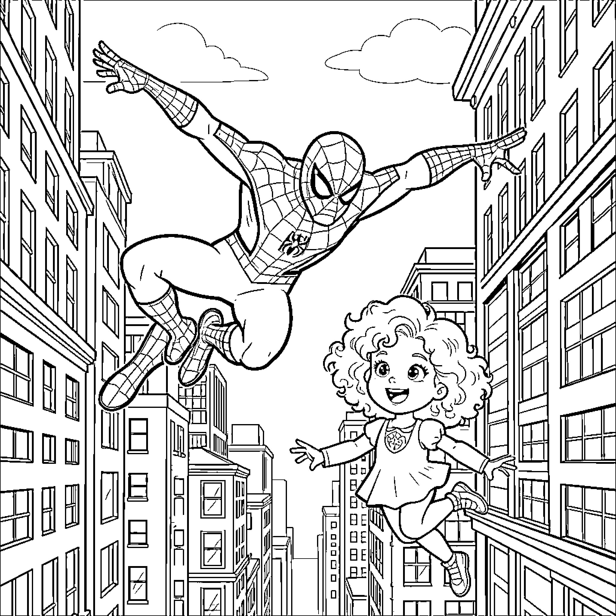 Spidey swinging through city streets with a young girl Coloring Page (free black-and-white line drawing printable PDF for all, from beginners to advanced learners, including children, teens, adults, and seniors)