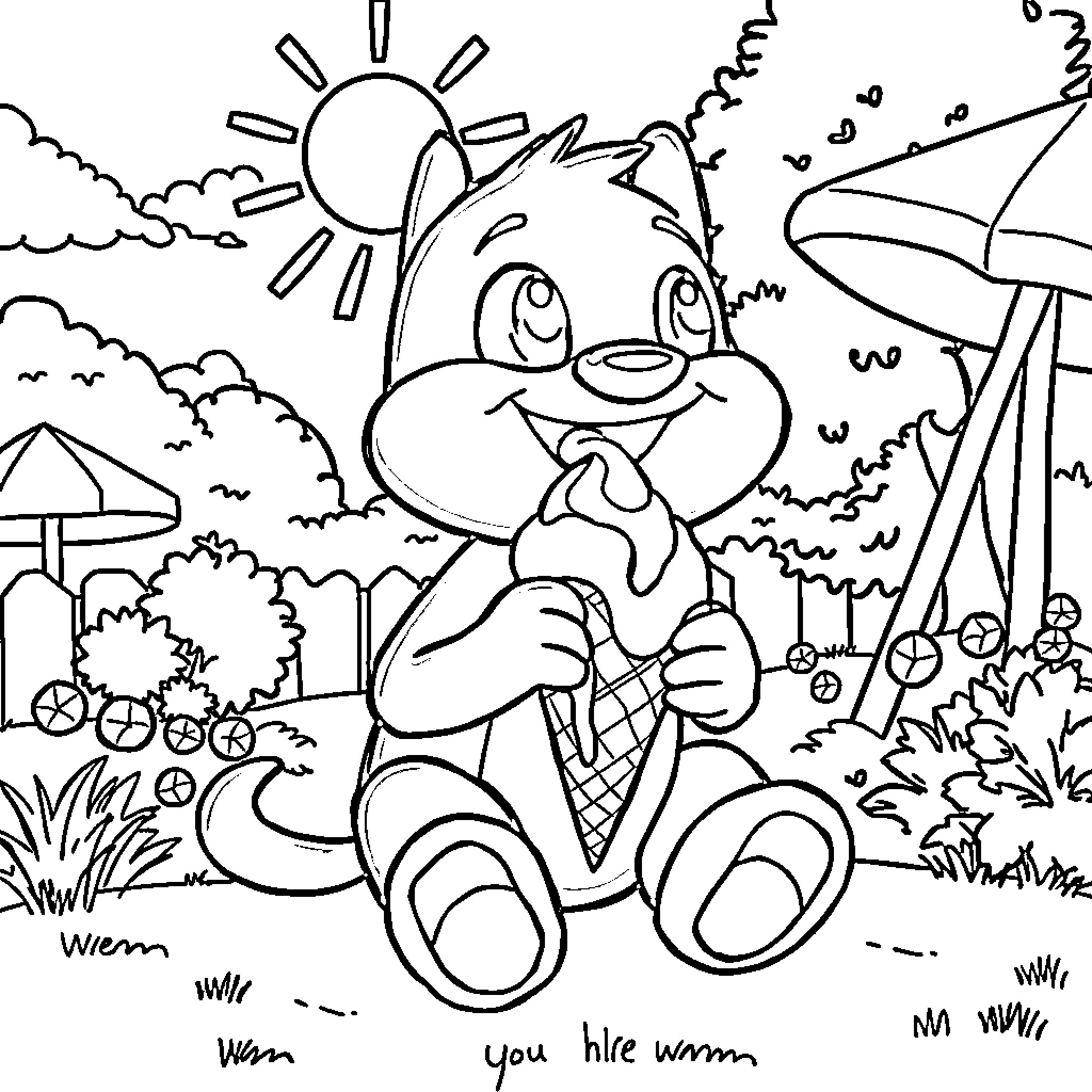 Bluey enjoying a sunny summer day Coloring Page (free black-and-white line drawing printable PDF for all, from beginners to advanced learners, including children, teens, adults, and seniors)