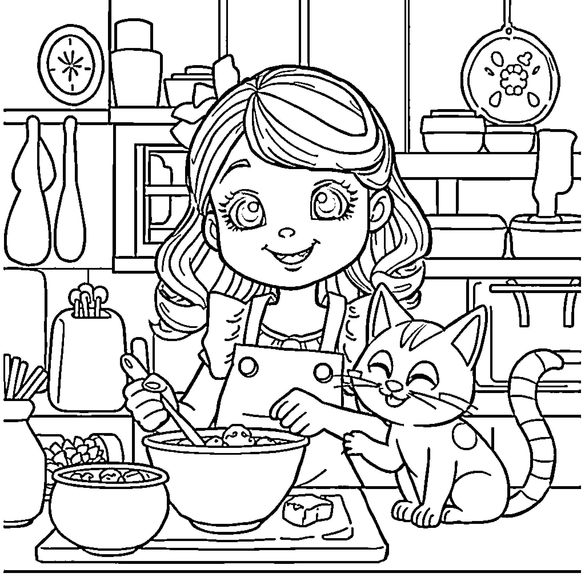 Gabby Dollhouse: Girl playing with her pet cat in the kitchen Coloring Page (free black-and-white line drawing printable PDF for all, from beginners to advanced learners, including children, teens, adults, and seniors)
