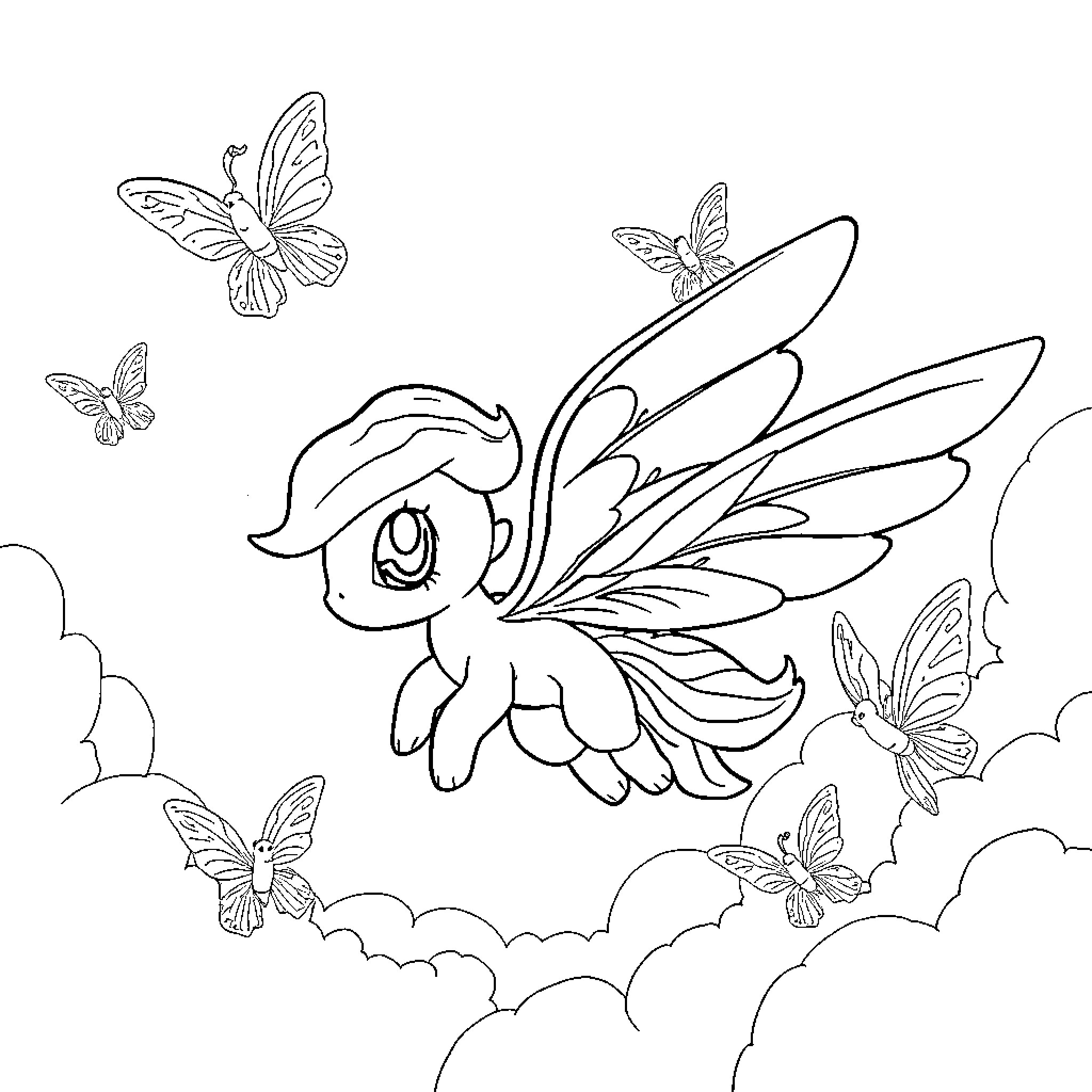 Neopet flying happily with butterflies in the clouds Coloring Page (free black-and-white line drawing printable PDF for all, from beginners to advanced learners, including children, teens, adults, and seniors)