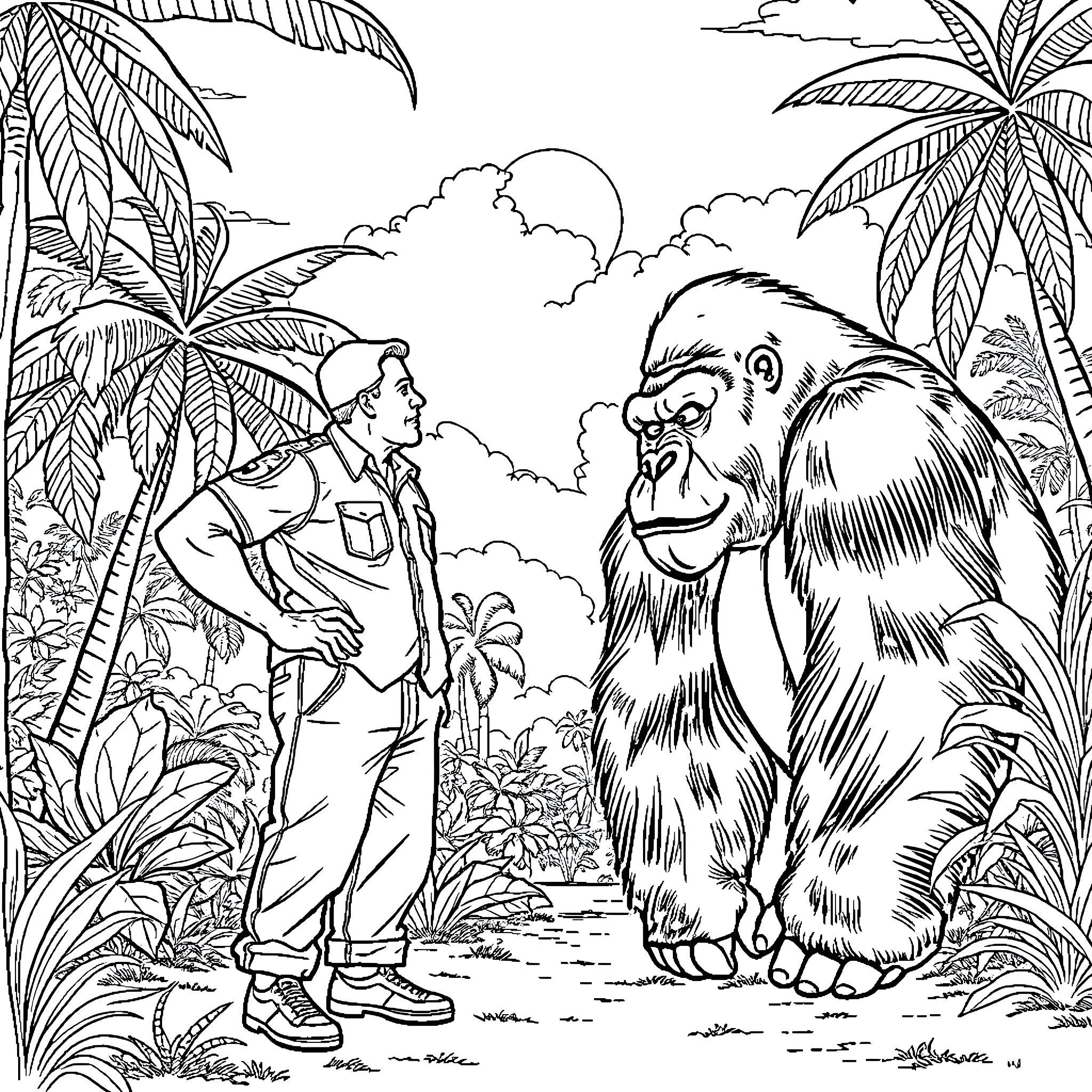 Florida Man Befriends Friendly Gorilla in Tropical Jungle Coloring Page (free black-and-white line drawing printable PDF for all, from beginners to advanced learners, including children, teens, adults, and seniors)
