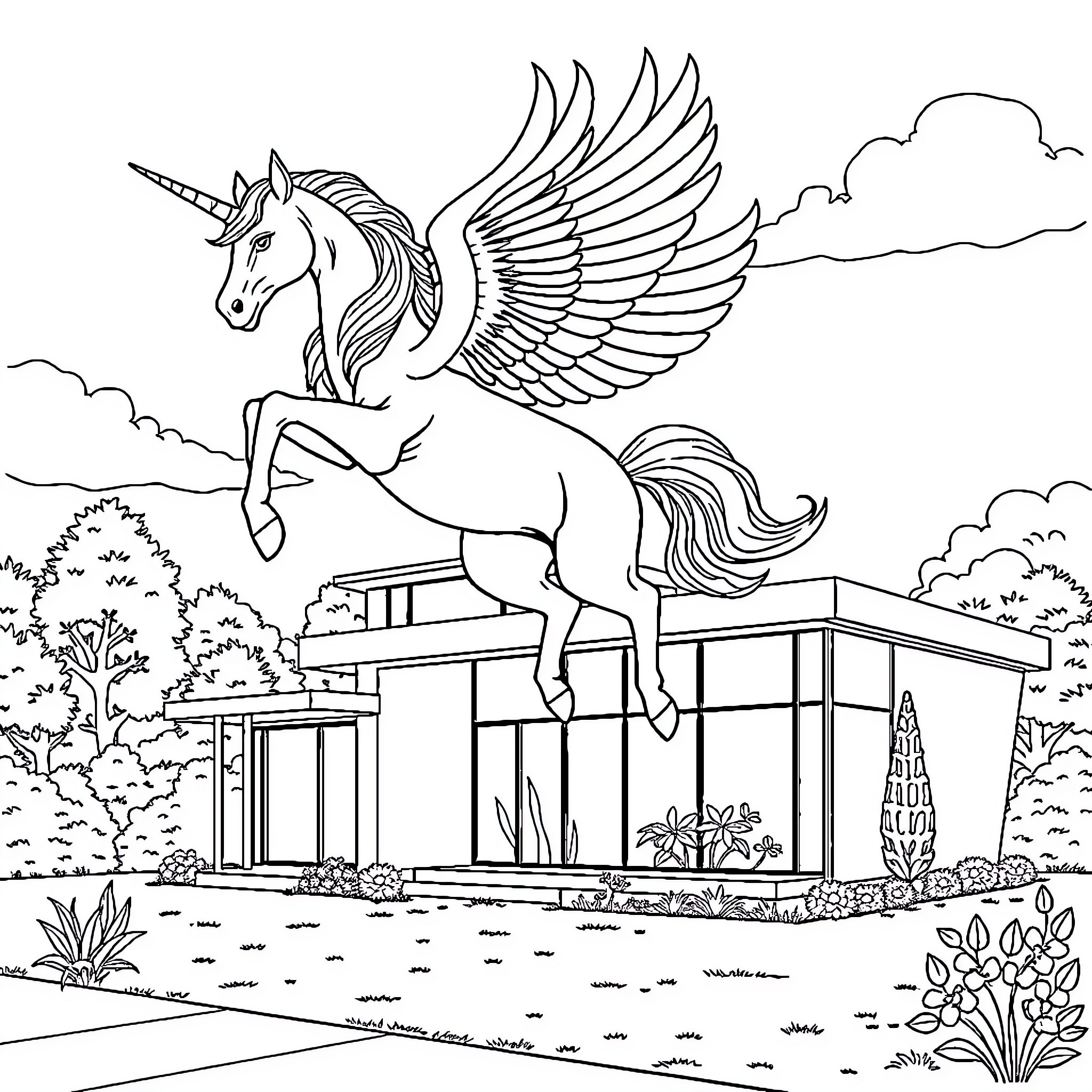 Unicorn taking flight over a modern building Coloring Page (free black-and-white line drawing printable PDF for all, from beginners to advanced learners, including children, teens, adults, and seniors)