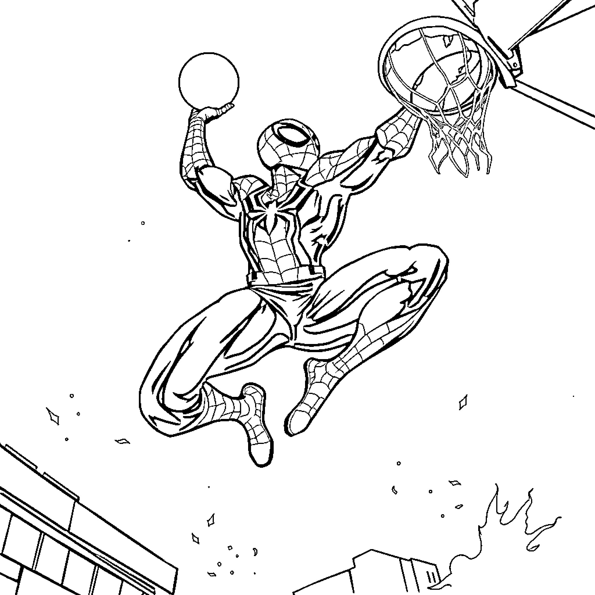 Spider-Man swinging and dunking a basketball Coloring Page (free black-and-white line drawing printable PDF for all, from beginners to advanced learners, including children, teens, adults, and seniors)