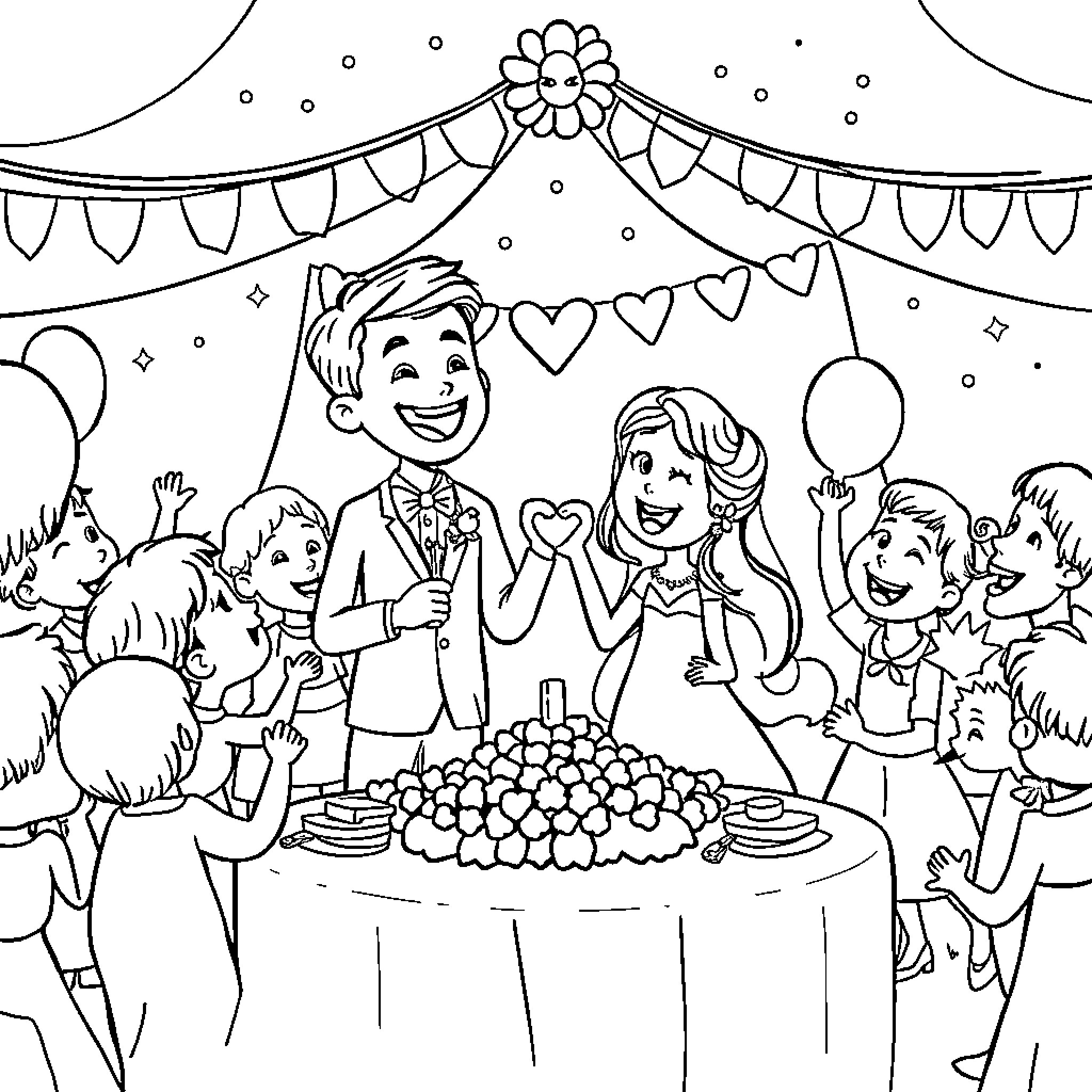 Wedding celebration with joyful people and festive decorations Coloring Page (free black-and-white line drawing printable PDF for all, from beginners to advanced learners, including children, teens, adults, and seniors)