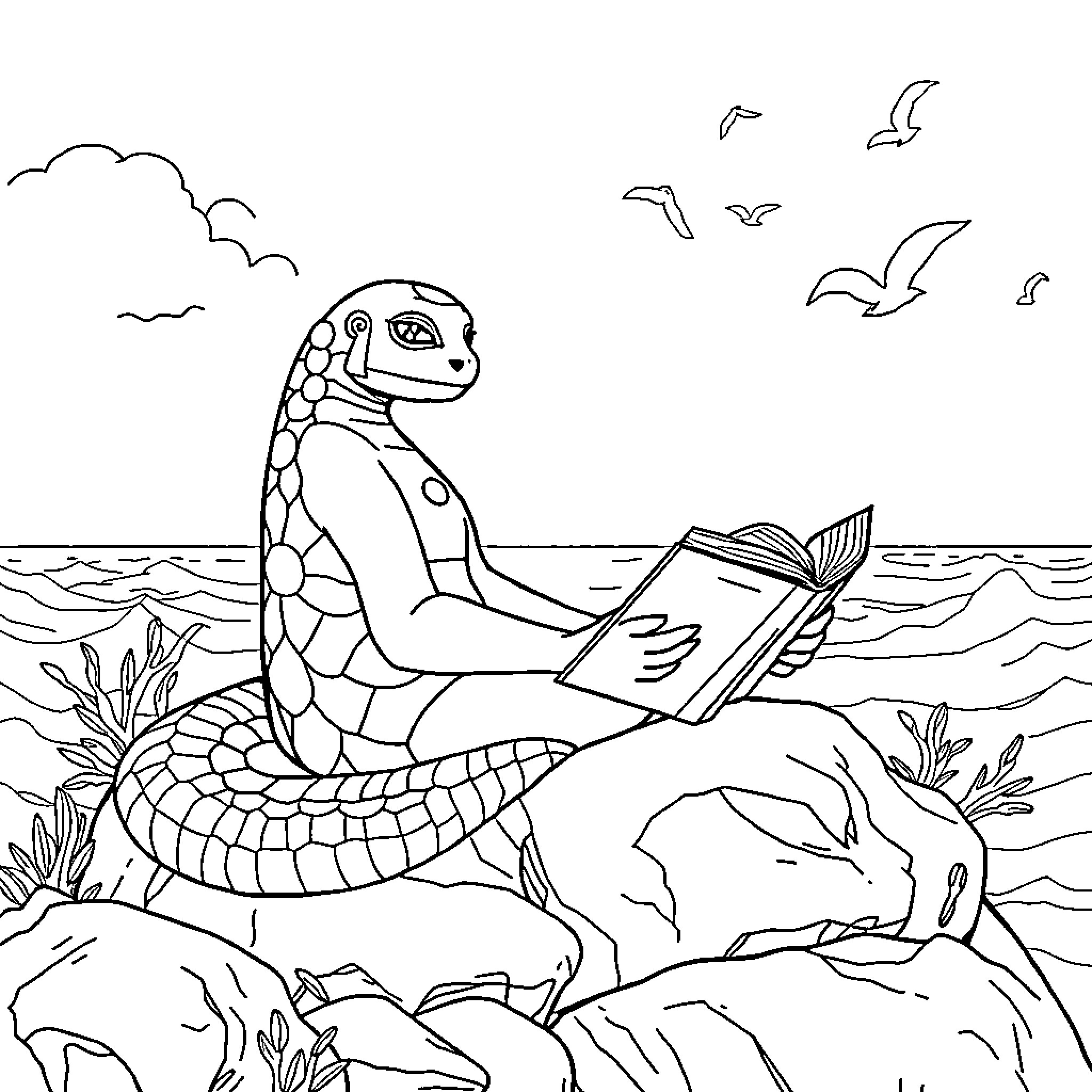 Mermaid reading a book by the seashore Coloring Page (free black-and-white line drawing printable PDF for all, from beginners to advanced learners, including children, teens, adults, and seniors)