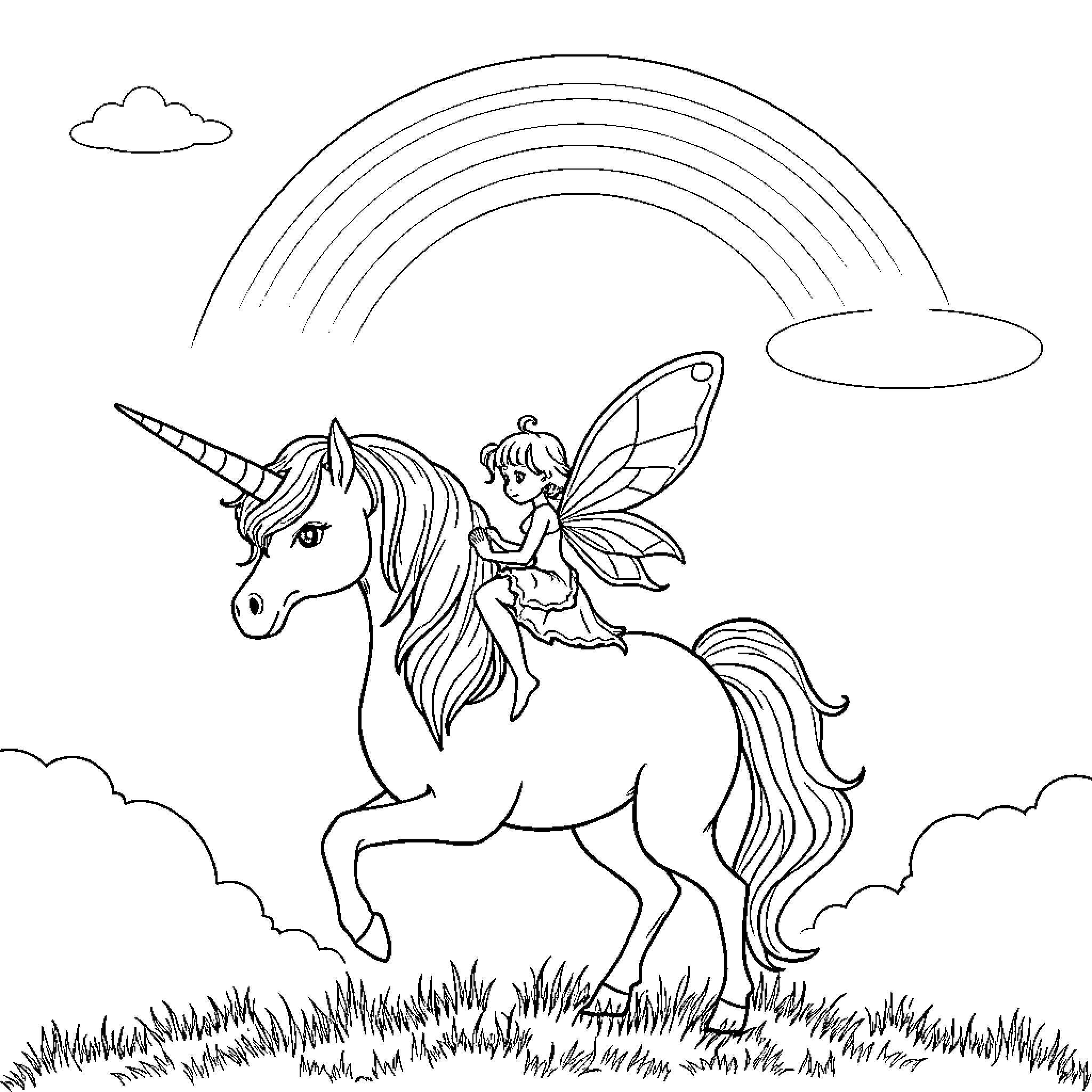 Fairy rides magical unicorn under rainbow Coloring Page (free black-and-white line drawing printable PDF for all, from beginners to advanced learners, including children, teens, adults, and seniors)