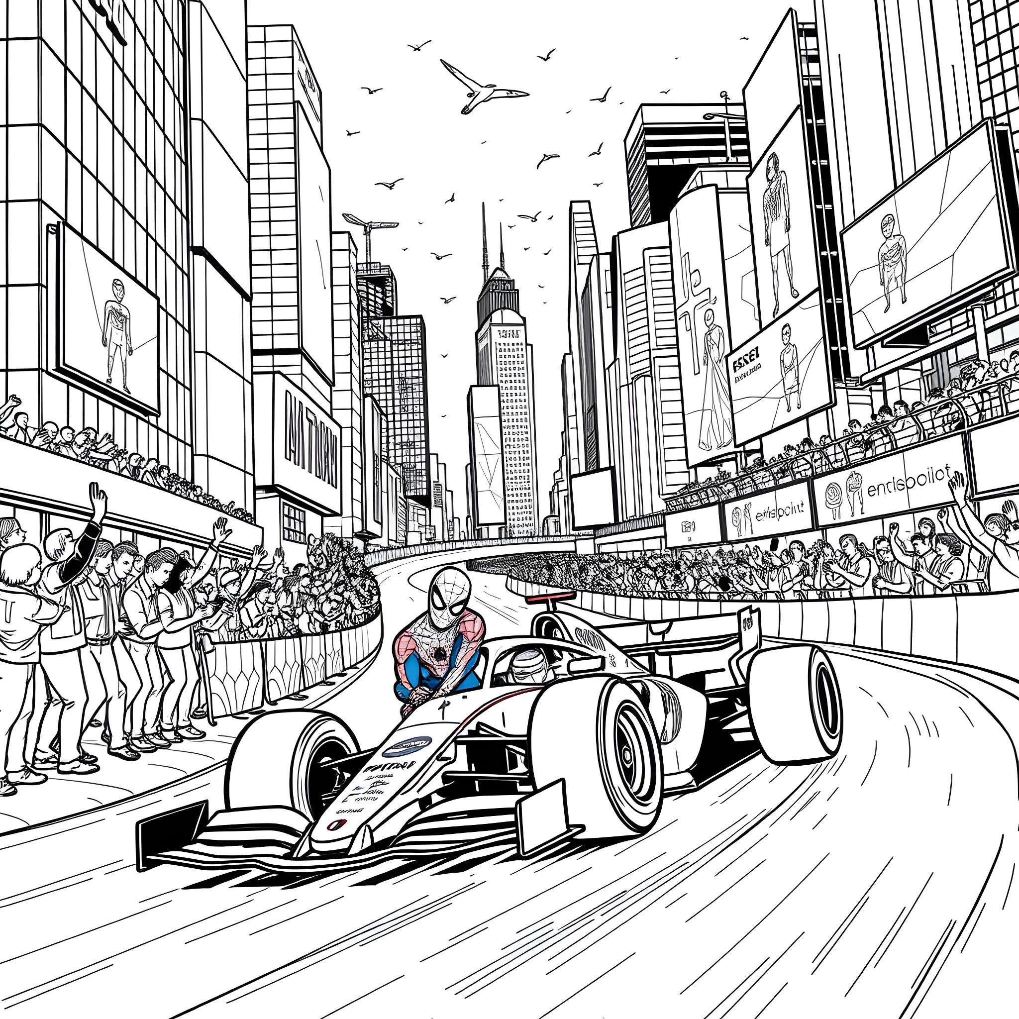 Spider-Man Racing Through the City Streets Coloring Page (free black-and-white line drawing printable PDF for all, from beginners to advanced learners, including children, teens, adults, and seniors)