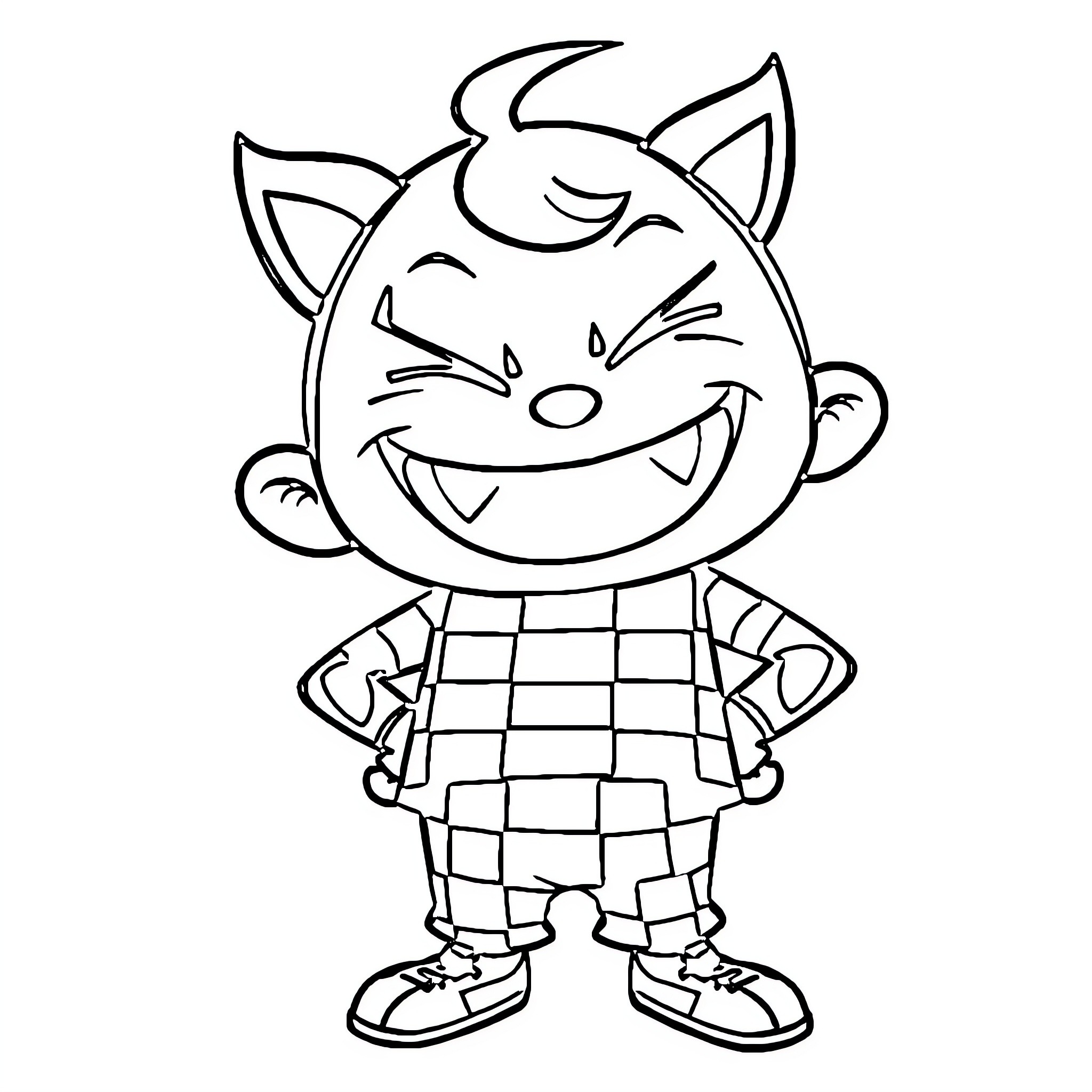 Kokichi Oma smiling mischievously in a checkered outfit Coloring Page (free black-and-white line drawing printable PDF for all, from beginners to advanced learners, including children, teens, adults, and seniors)