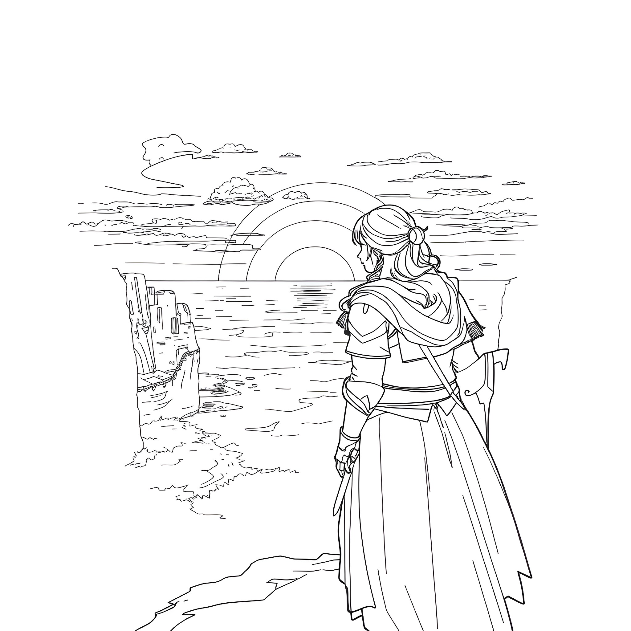 Knight surveying the scenic landscape at sunset Coloring Page (free black-and-white line drawing printable PDF for all, from beginners to advanced learners, including children, teens, adults, and seniors)