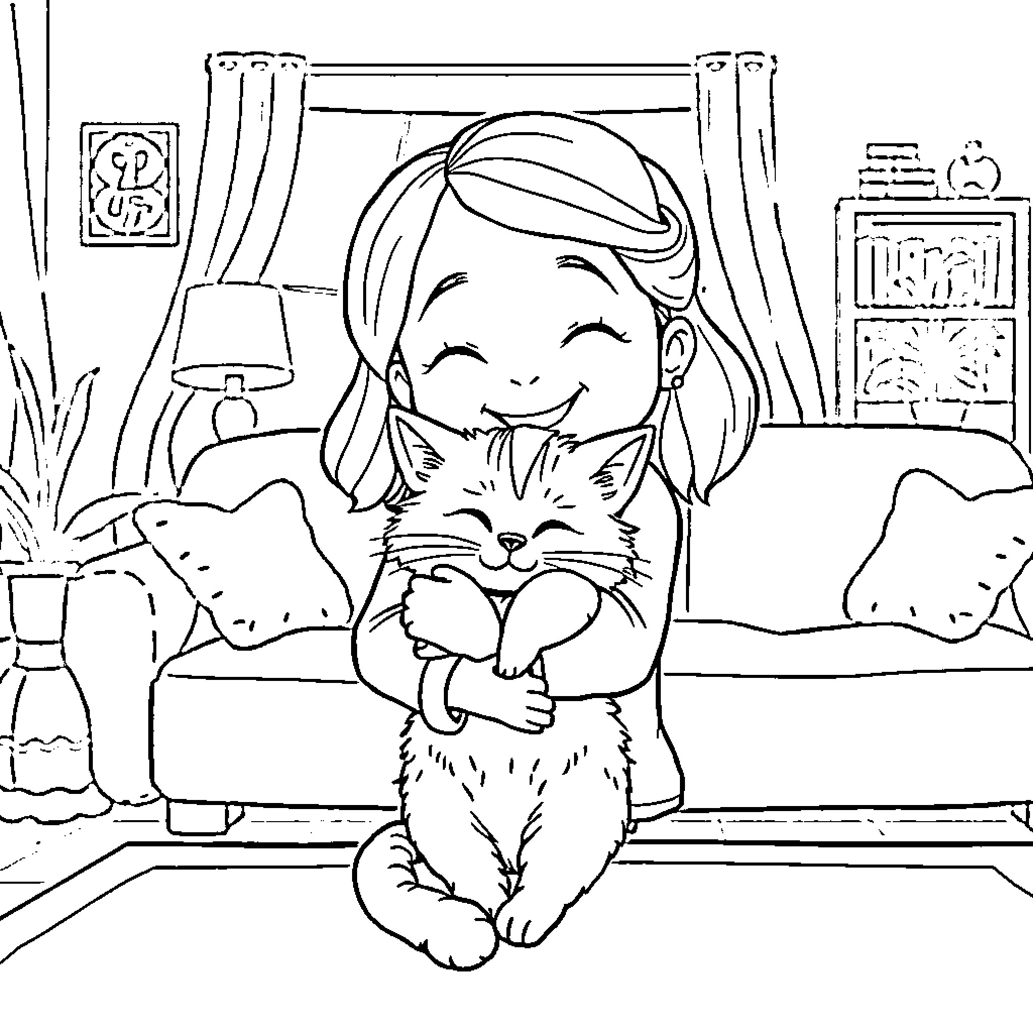 Girl hugging her beloved cat at home Coloring Page (free black-and-white line drawing printable PDF for all, from beginners to advanced learners, including children, teens, adults, and seniors)