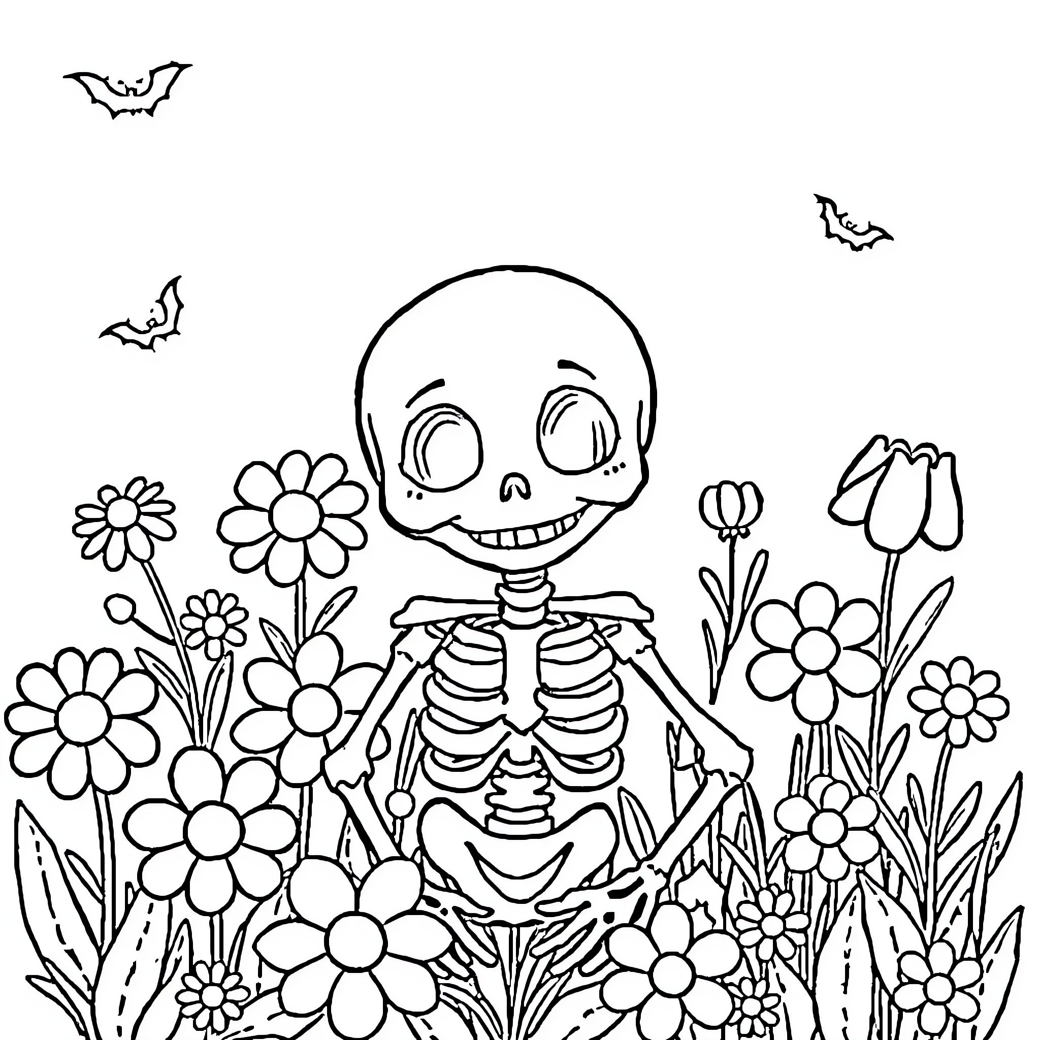 Halloween Skeleton's Floral Garden Coloring Page (free black-and-white line drawing printable PDF for all, from beginners to advanced learners, including children, teens, adults, and seniors)