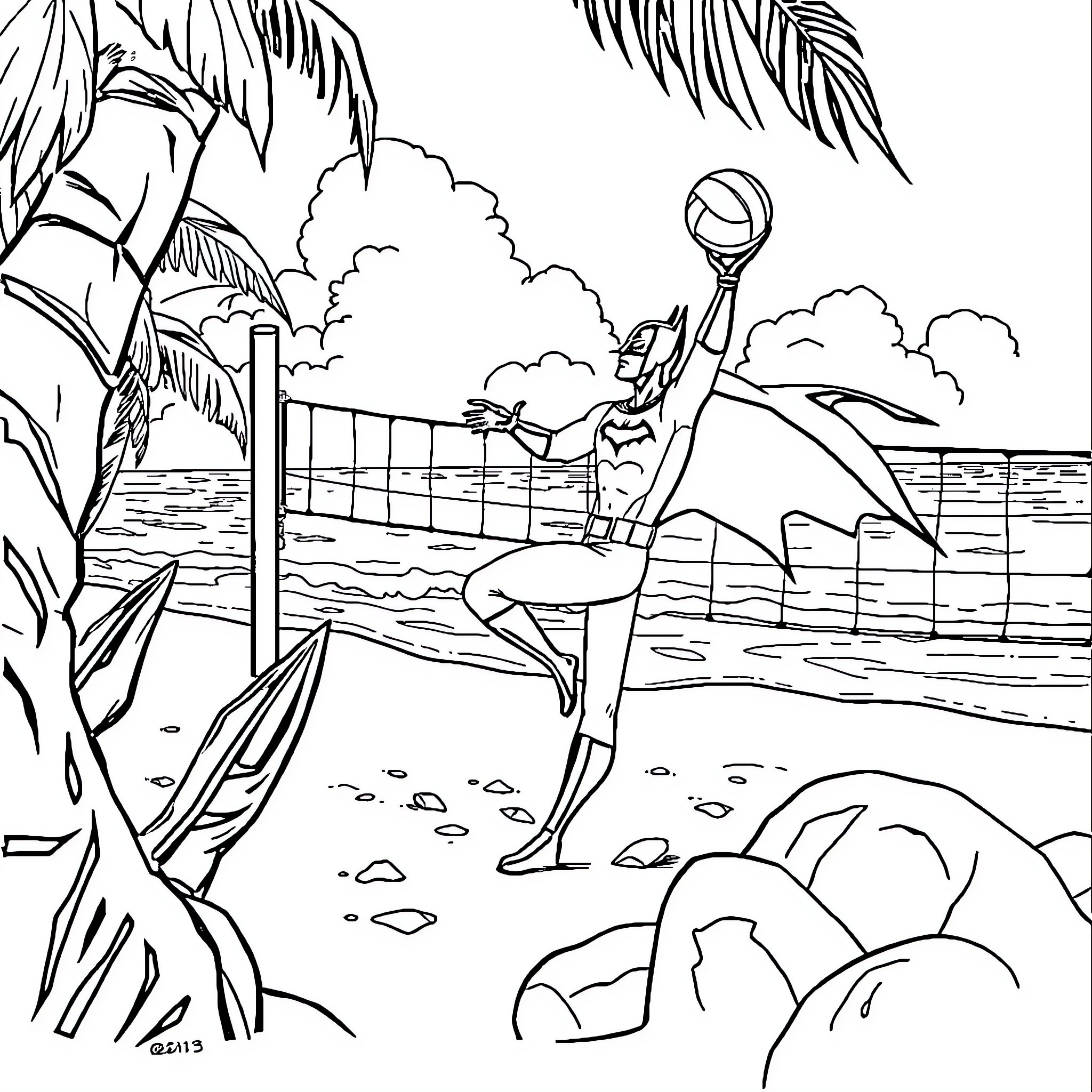 Batman playing volleyball on the beach Coloring Page (free black-and-white line drawing printable PDF for all, from beginners to advanced learners, including children, teens, adults, and seniors)