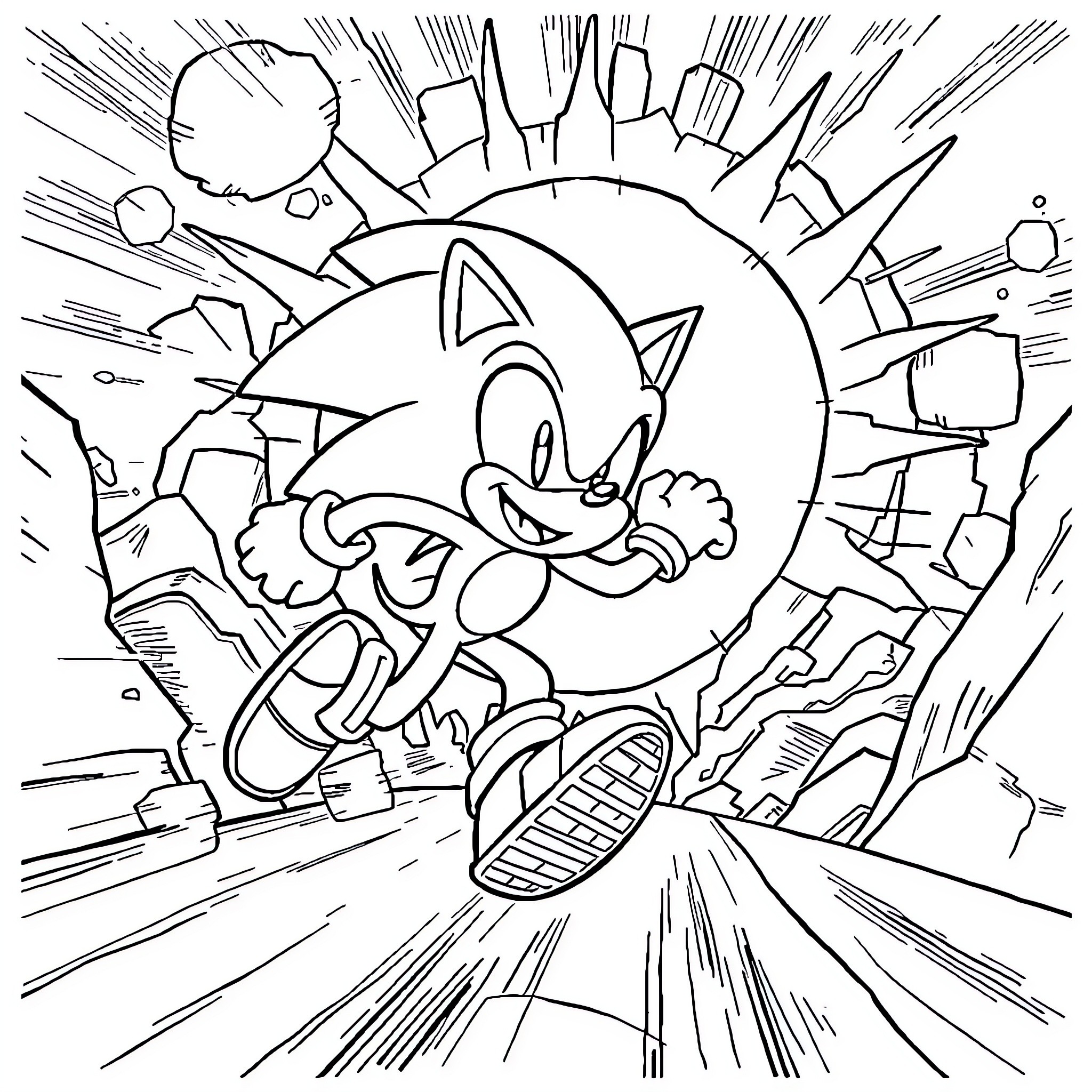 Sonic rushing through dynamic, abstract landscape Coloring Page (free black-and-white line drawing printable PDF for all, from beginners to advanced learners, including children, teens, adults, and seniors)