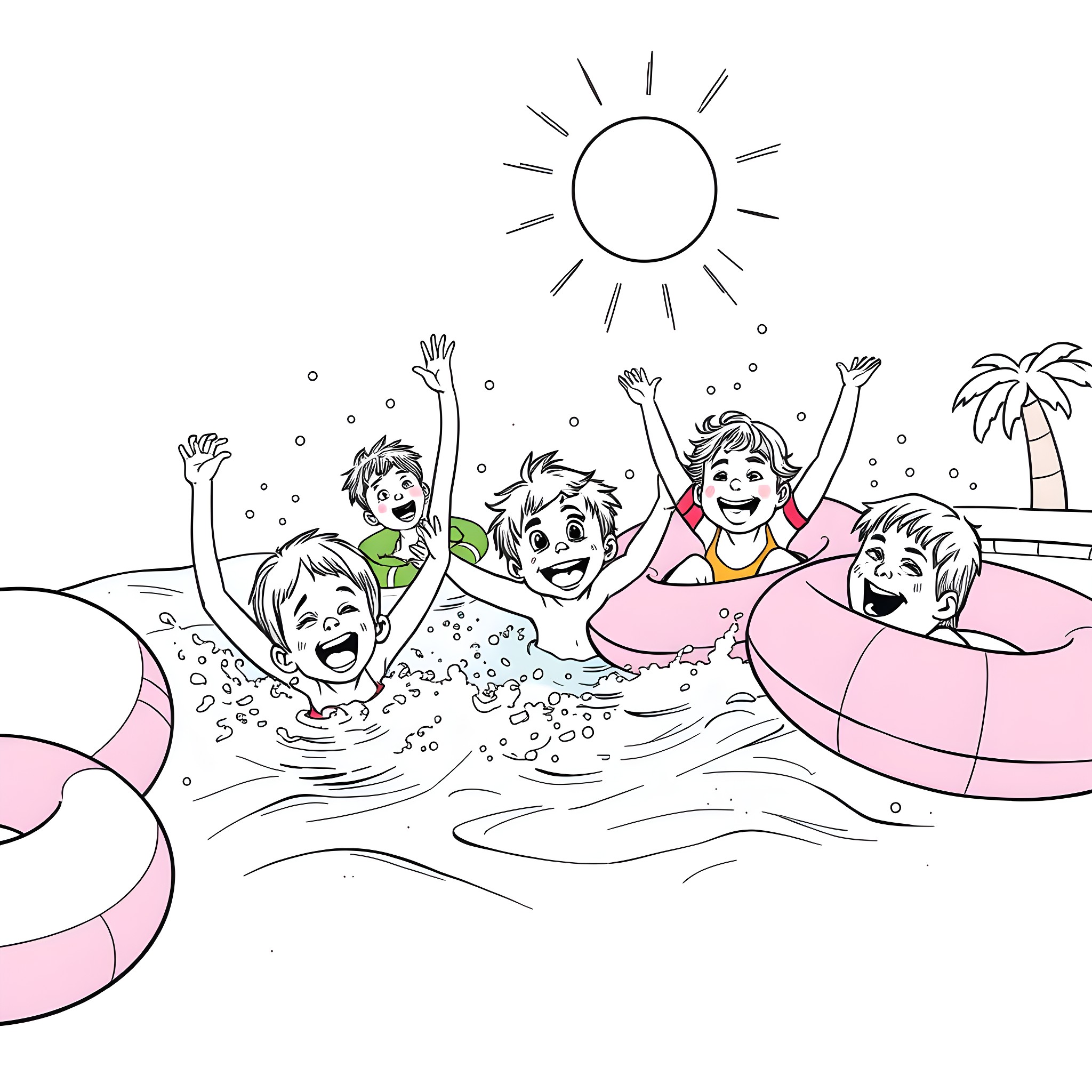 Kid playing joyfully in the pool on a sunny day Coloring Page (free black-and-white line drawing printable PDF for all, from beginners to advanced learners, including children, teens, adults, and seniors)