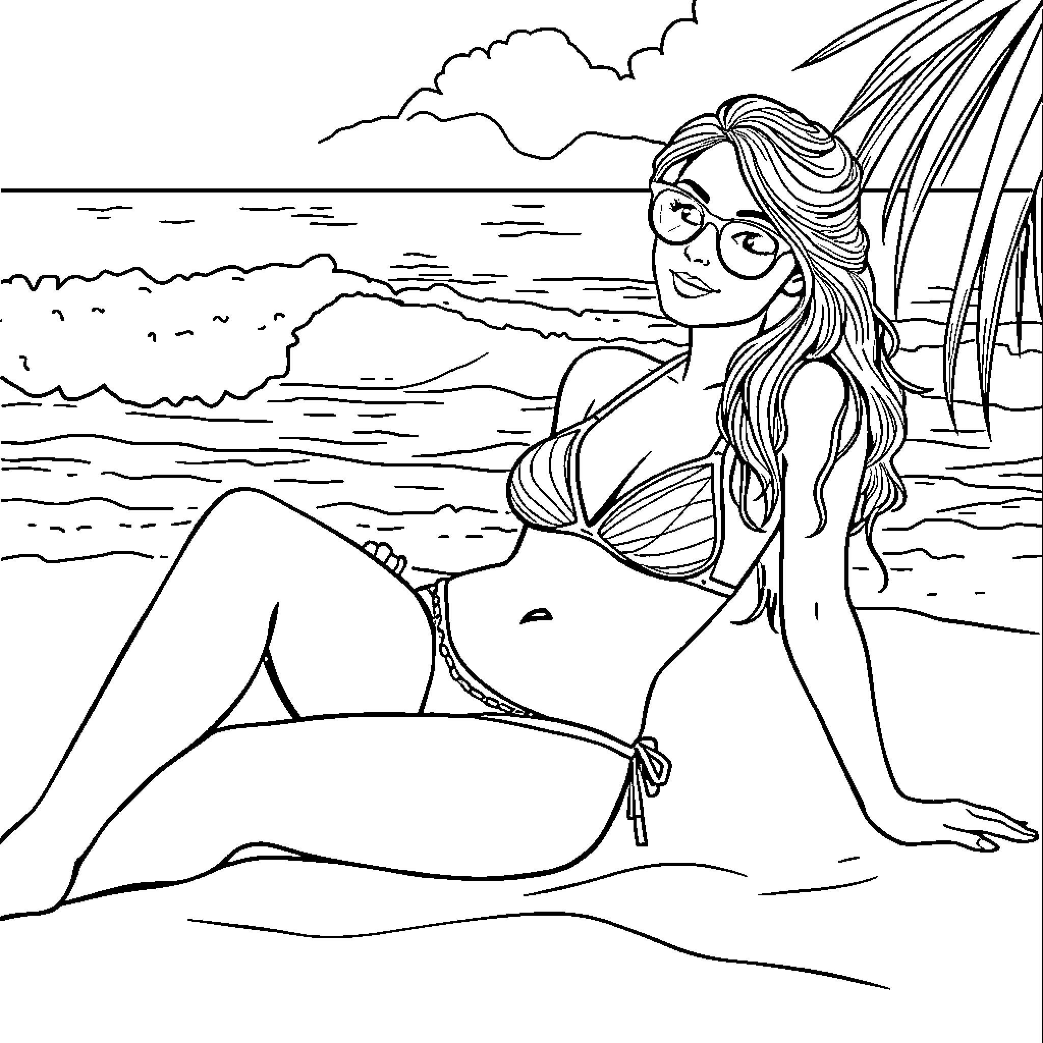 Bikini-clad woman relaxing on the beach Coloring Page (free black-and-white line drawing printable PDF for all, from beginners to advanced learners, including children, teens, adults, and seniors)