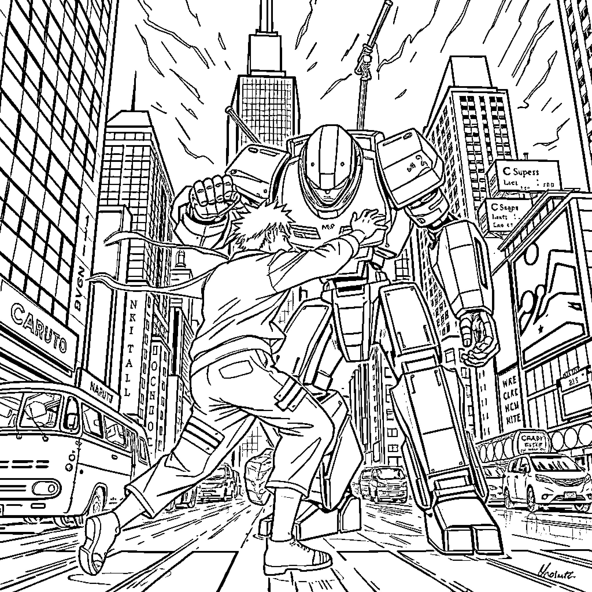 Naruto character in action-packed city scene Coloring Page (free black-and-white line drawing printable PDF for all, from beginners to advanced learners, including children, teens, adults, and seniors)
