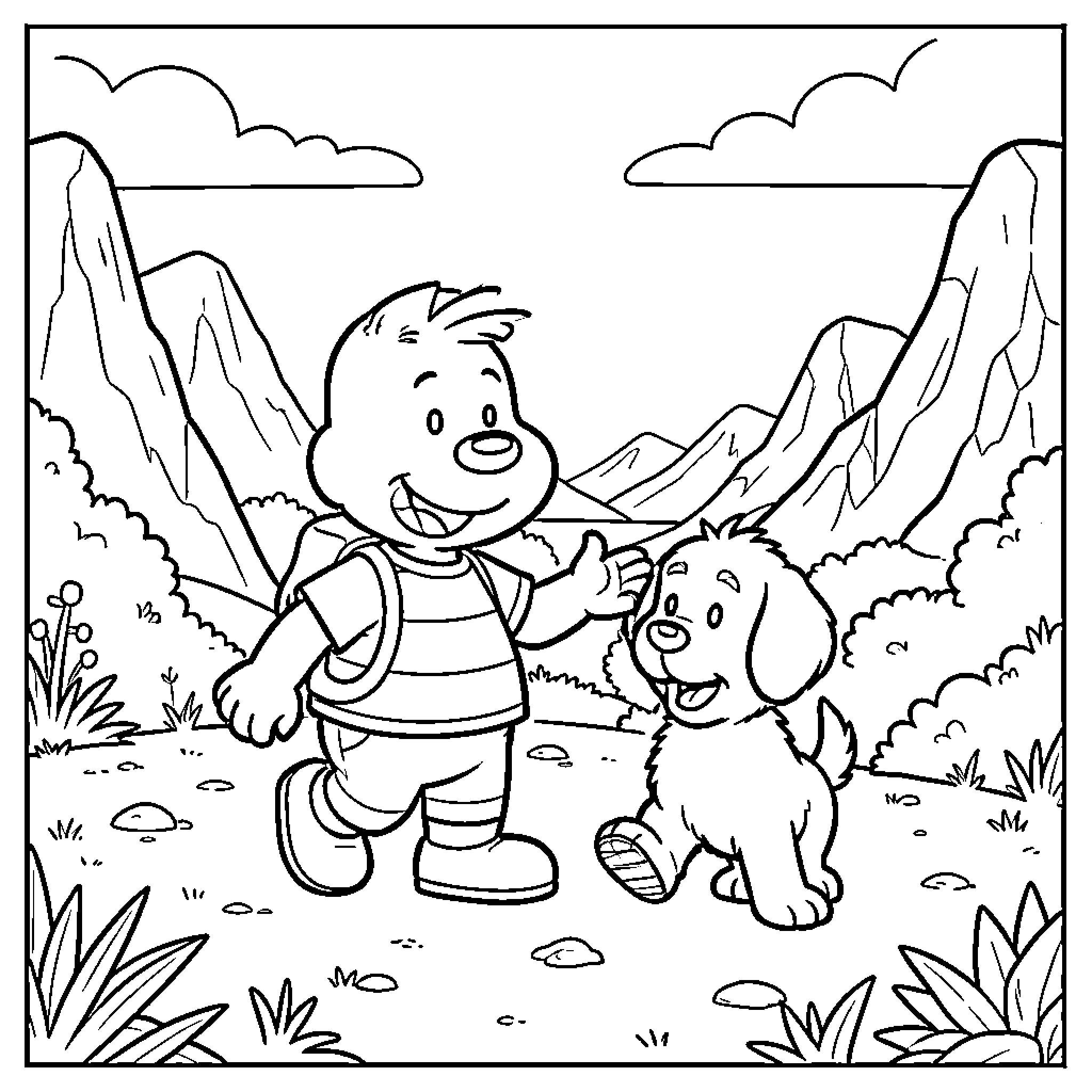 Tintin walking happily with a small dog in mountains Coloring Page (free black-and-white line drawing printable PDF for all, from beginners to advanced learners, including children, teens, adults, and seniors)