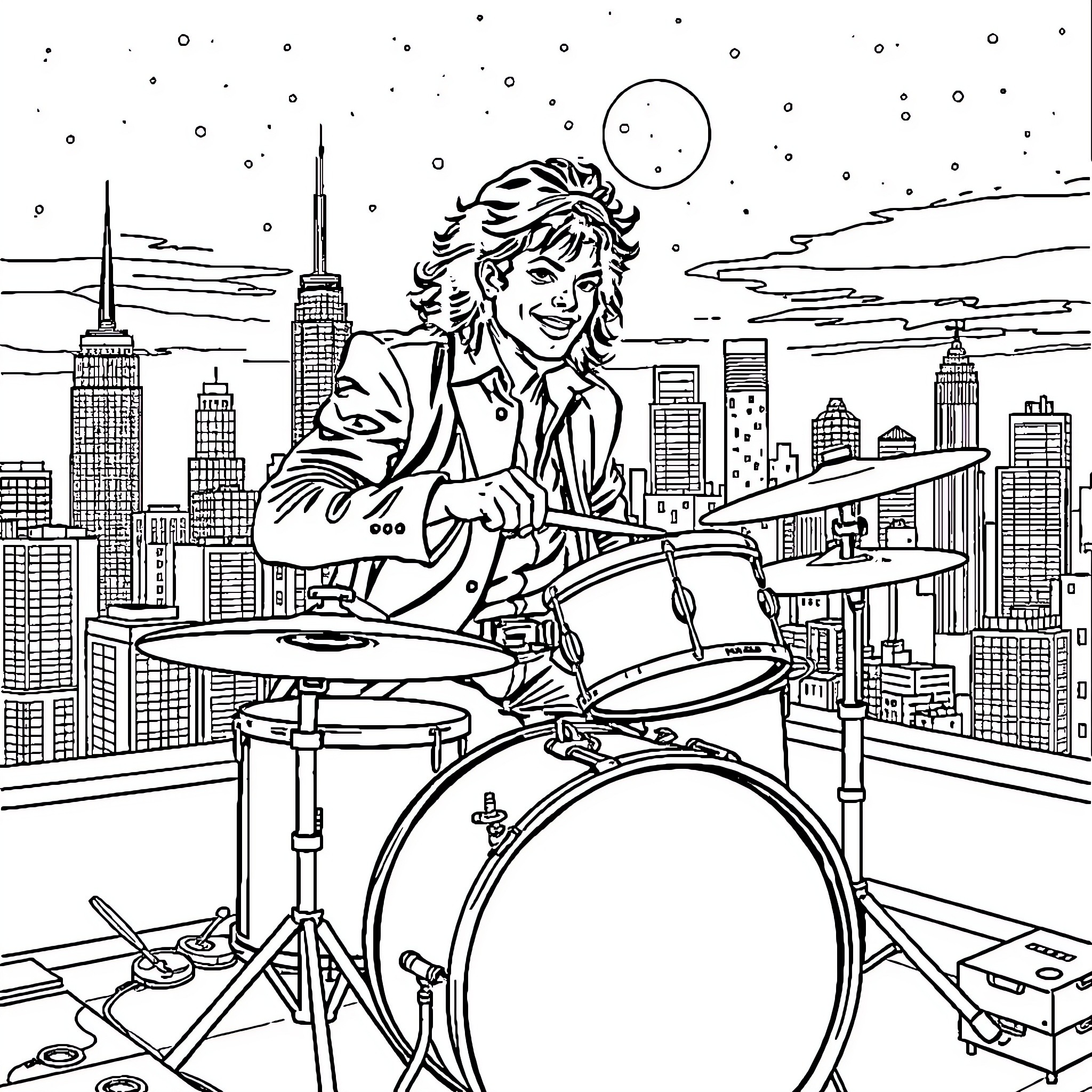 Michael Jackson Performing Drums in the City Coloring Page (free black-and-white line drawing printable PDF for all, from beginners to advanced learners, including children, teens, adults, and seniors)