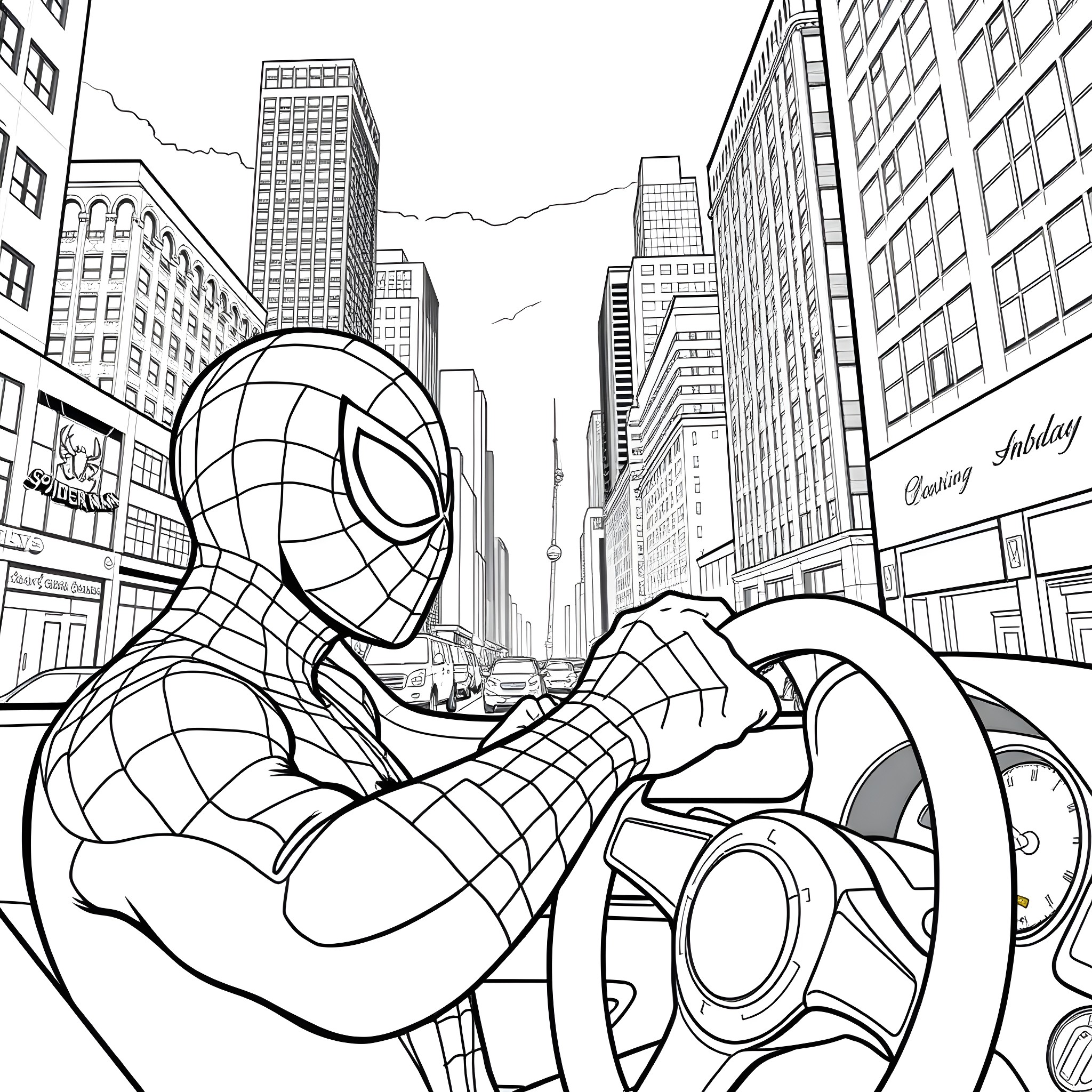 Spiderman swinging through the city skyline Coloring Page (free black-and-white line drawing printable PDF for all, from beginners to advanced learners, including children, teens, adults, and seniors)