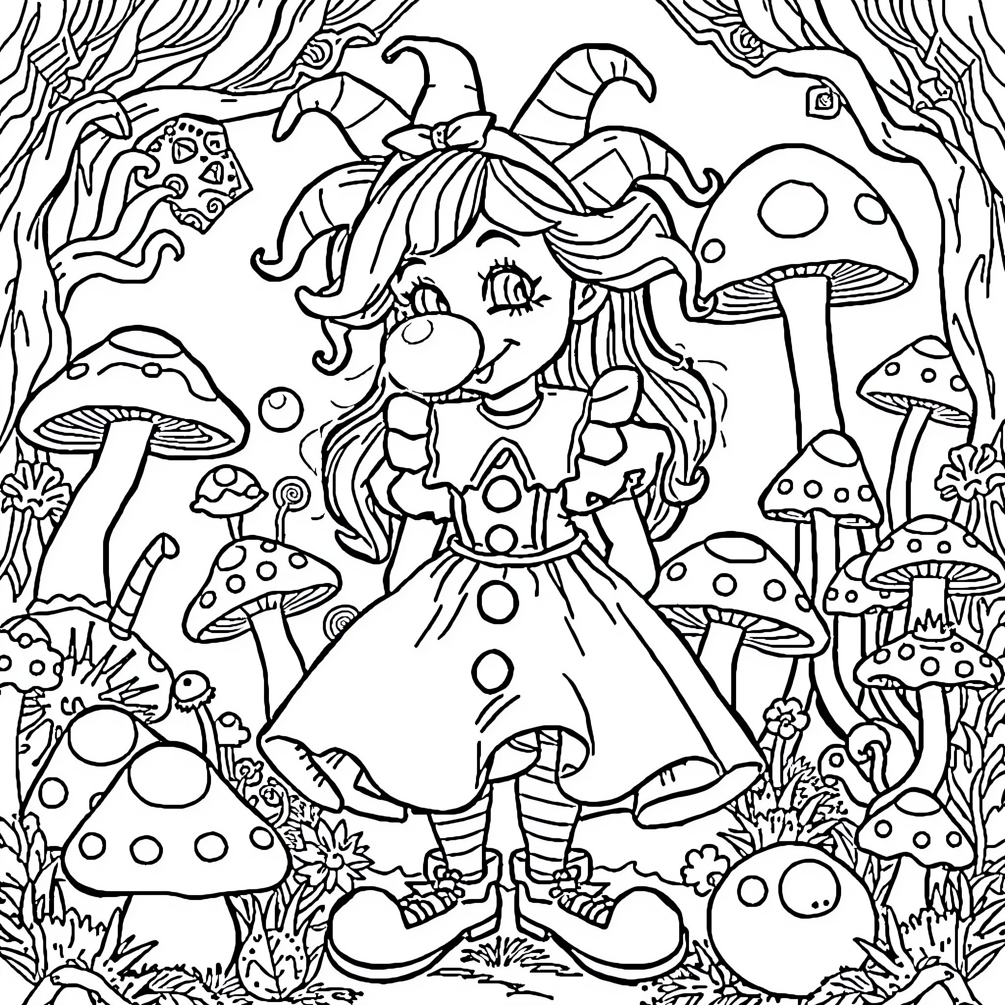 Alice's Whimsical Adventure in a Mushroom Kingdom Coloring Page (free black-and-white line drawing printable PDF for all, from beginners to advanced learners, including children, teens, adults, and seniors)