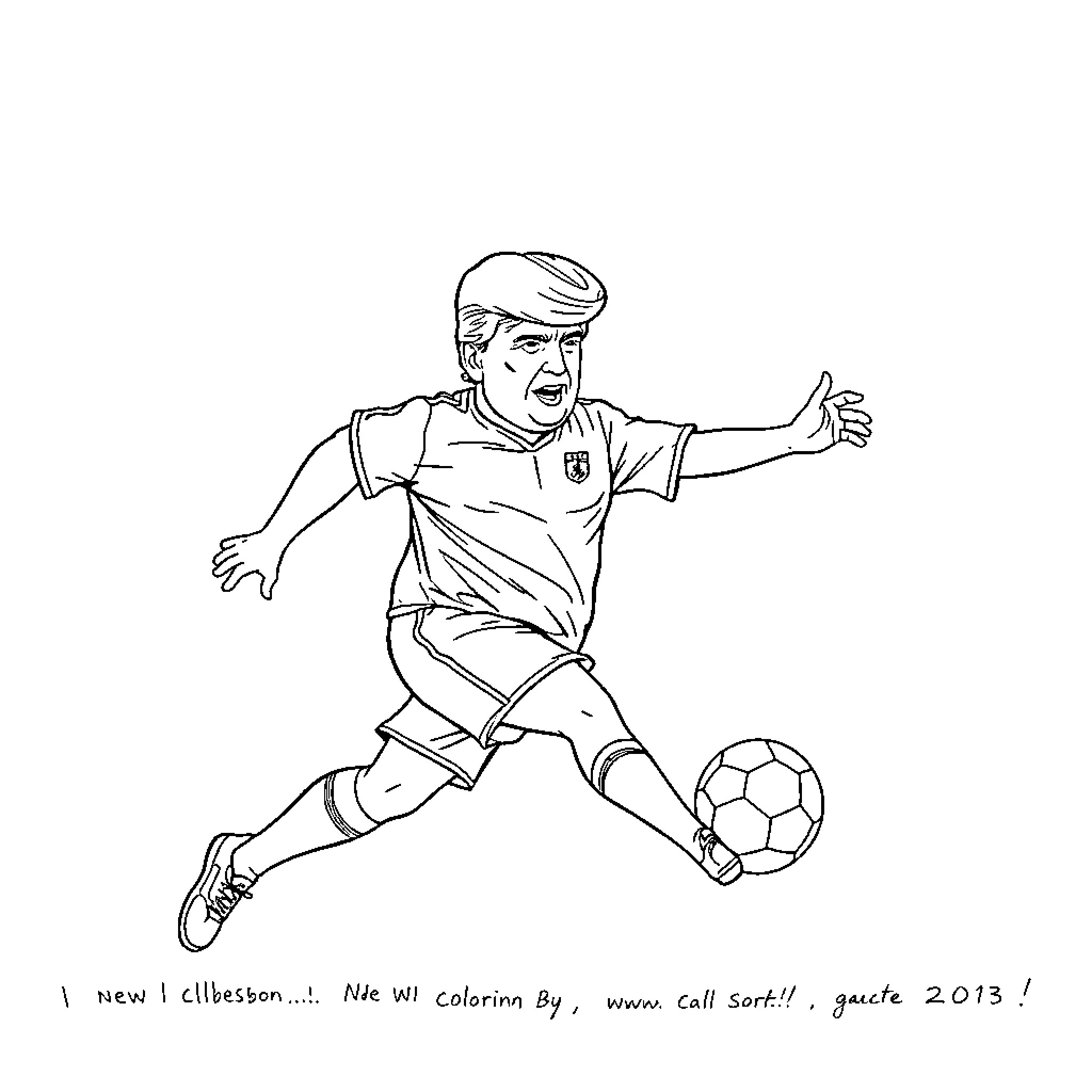 Donald Trump Kicking Soccer Ball Enthusiastically Coloring Page (free black-and-white line drawing printable PDF for all, from beginners to advanced learners, including children, teens, adults, and seniors)