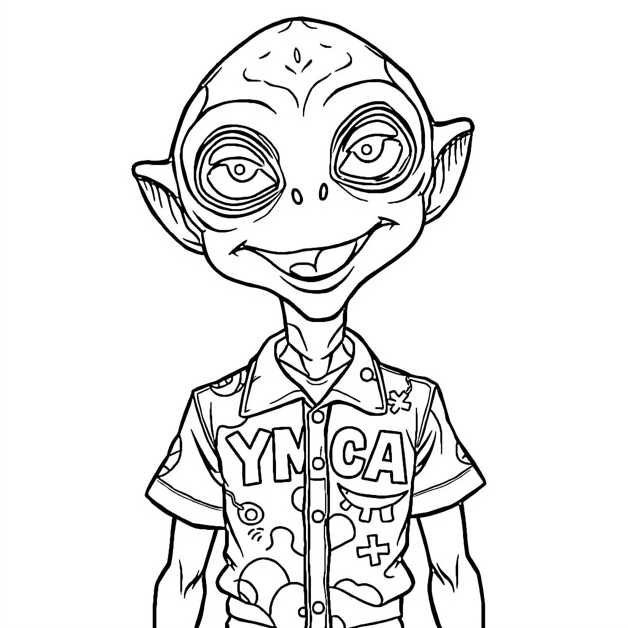 Alien YMCA Volunteer Enthusiastically Sharing Greetings Coloring Page (free black-and-white line drawing printable PDF for all, from beginners to advanced learners, including children, teens, adults, and seniors)