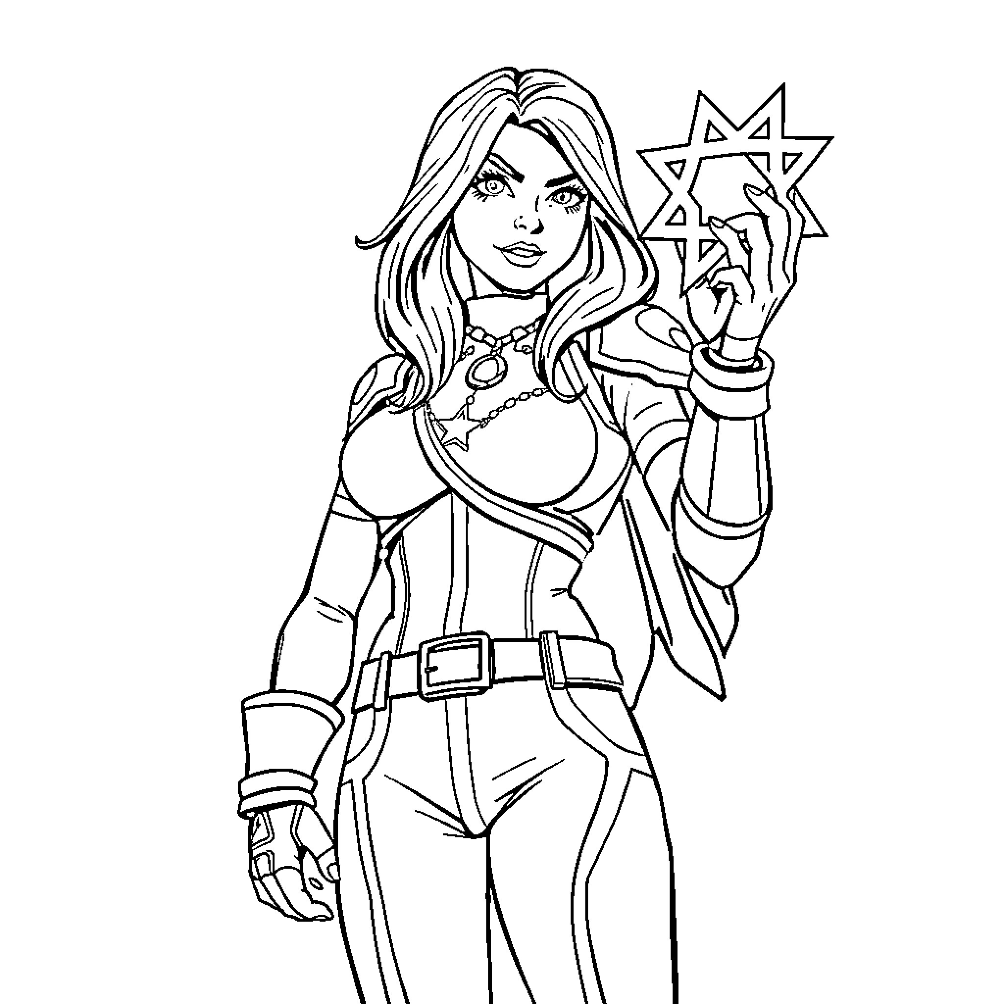 Nova: Magical Heroine Wielding Cosmic Powers Coloring Page (free black-and-white line drawing printable PDF for all, from beginners to advanced learners, including children, teens, adults, and seniors)