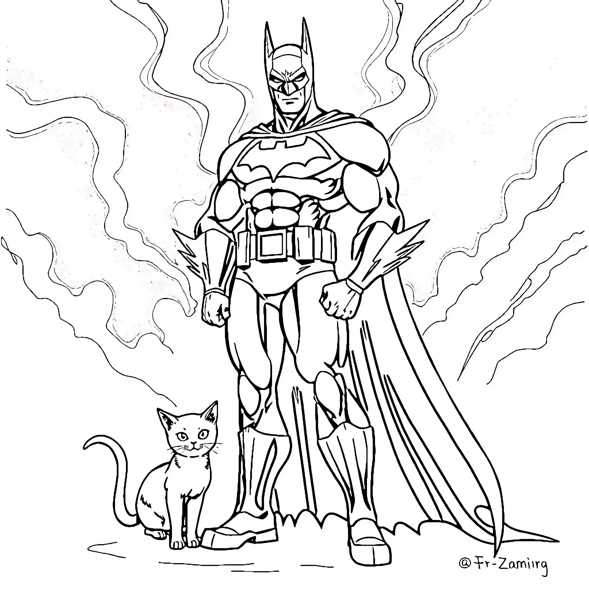 Batman standing heroically with a cat Coloring Page (free black-and-white line drawing printable PDF for all, from beginners to advanced learners, including children, teens, adults, and seniors)