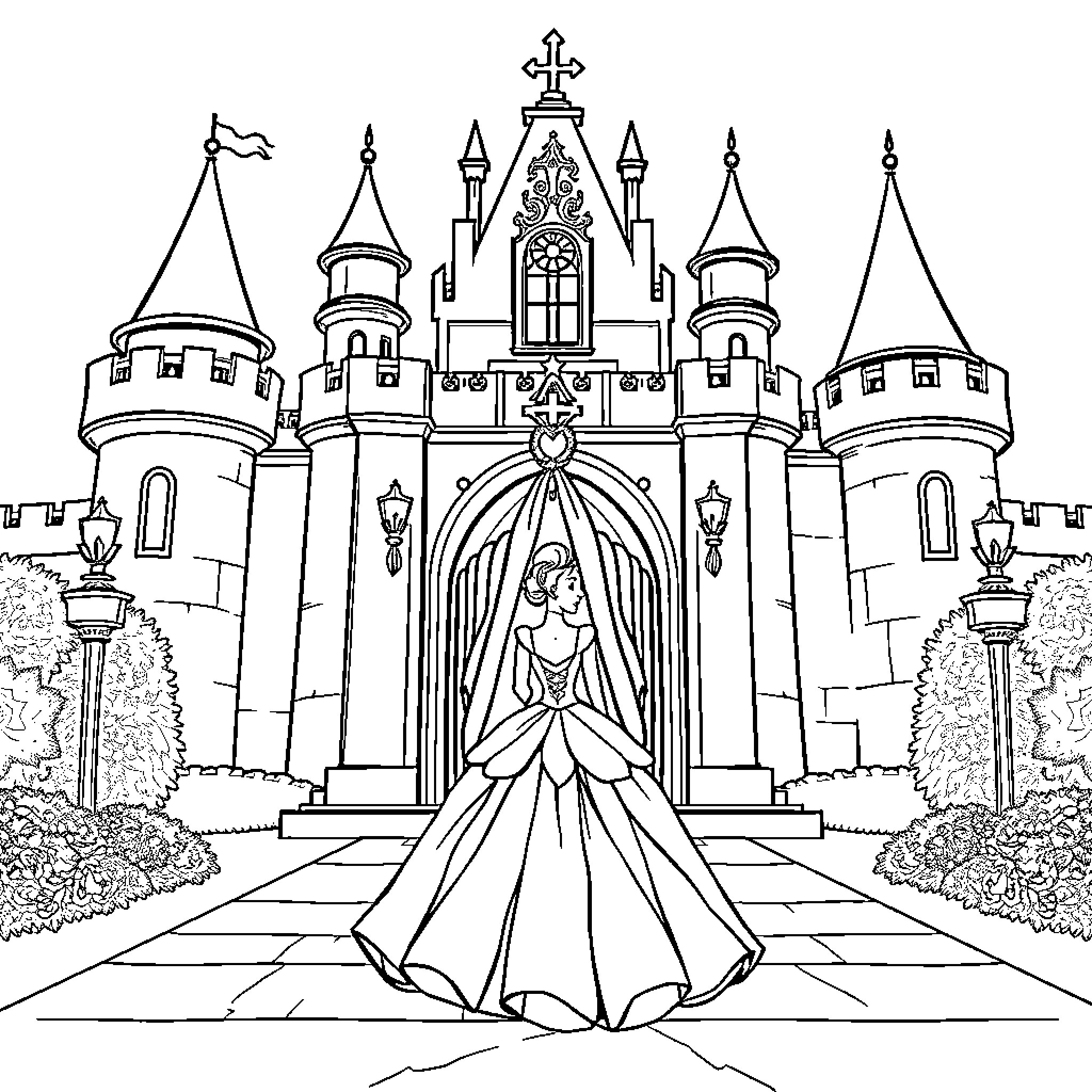Cinderella's Enchanting Castle Adventure Coloring Page (free black-and-white line drawing printable PDF for all, from beginners to advanced learners, including children, teens, adults, and seniors)