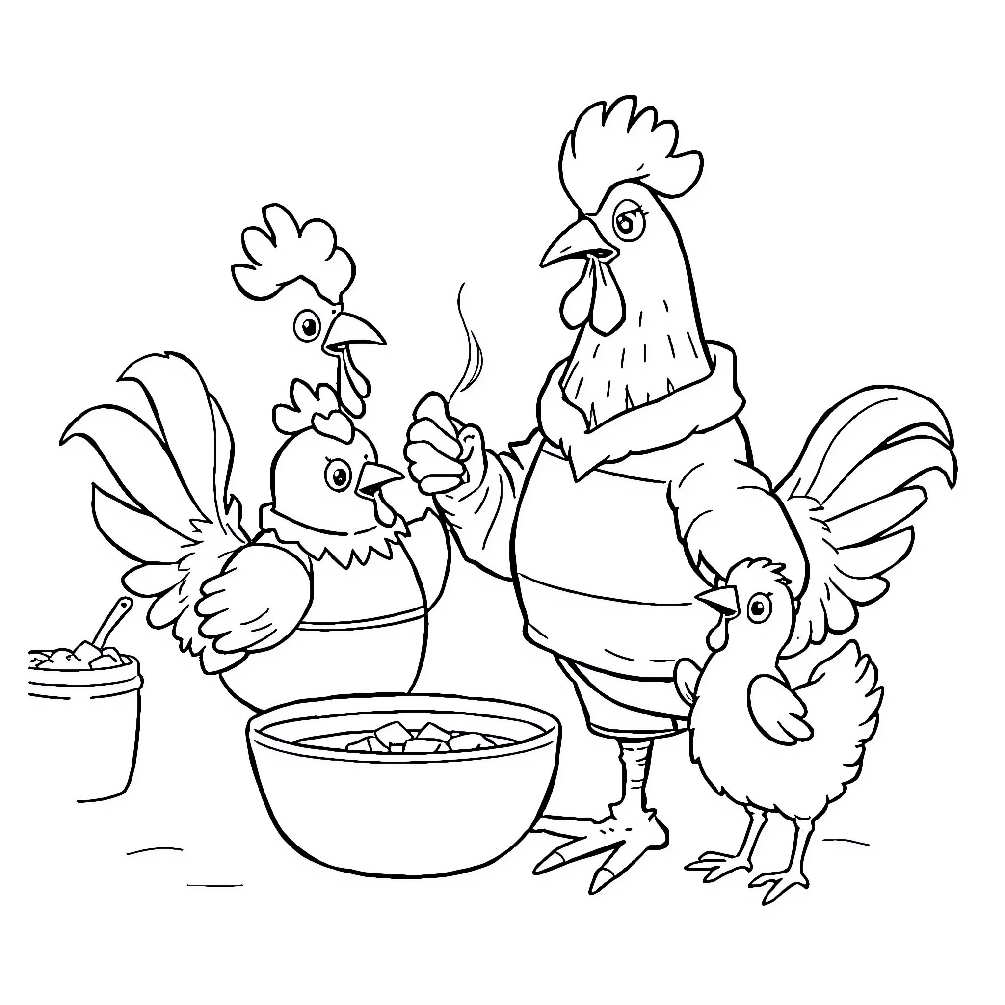 Chickens cooking and sharing a meal Coloring Page (free black-and-white line drawing printable PDF for all, from beginners to advanced learners, including children, teens, adults, and seniors)