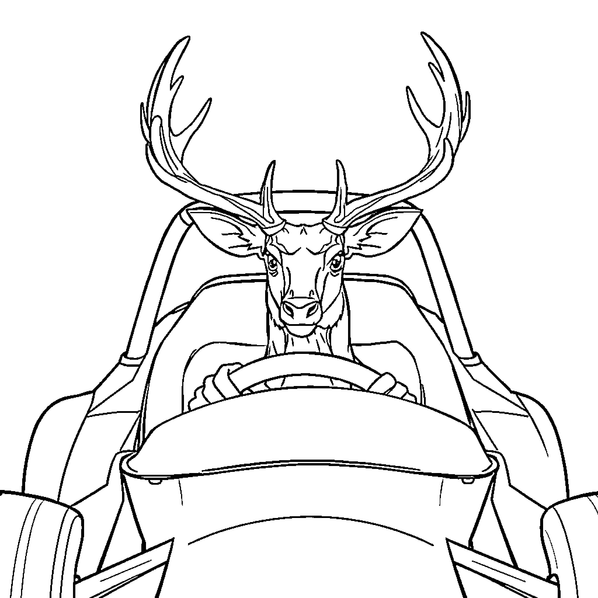 Deer riding an all-terrain vehicle Coloring Page (free black-and-white line drawing printable PDF for all, from beginners to advanced learners, including children, teens, adults, and seniors)