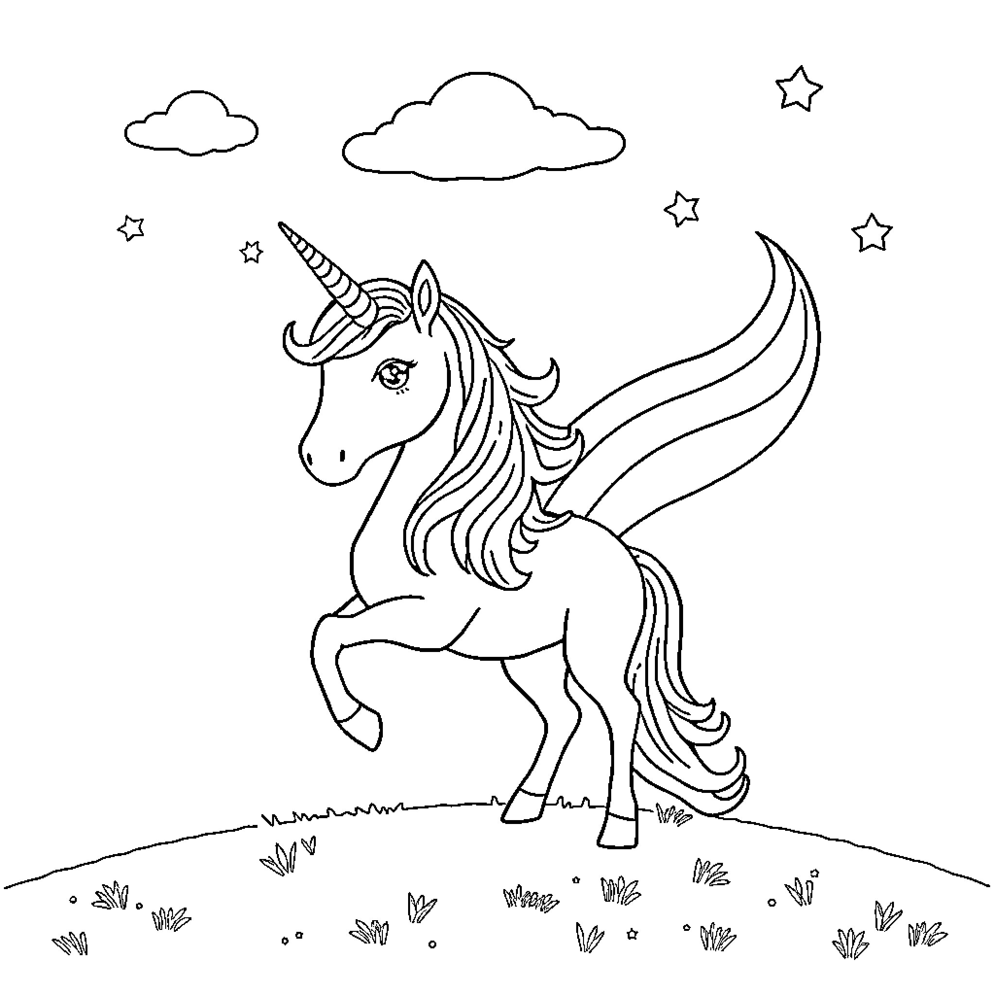 Unicorn prancing through a starry night landscape Coloring Page (free black-and-white line drawing printable PDF for all, from beginners to advanced learners, including children, teens, adults, and seniors)