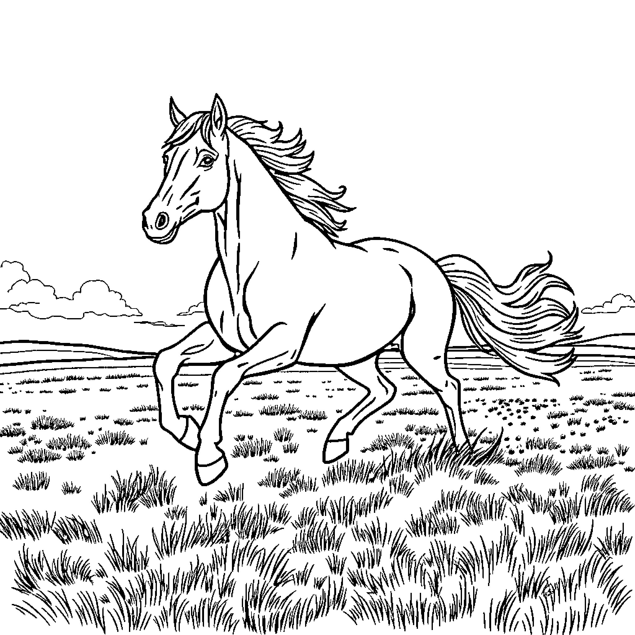 Horse galloping freely through the meadow Coloring Page (free black-and-white line drawing printable PDF for all, from beginners to advanced learners, including children, teens, adults, and seniors)
