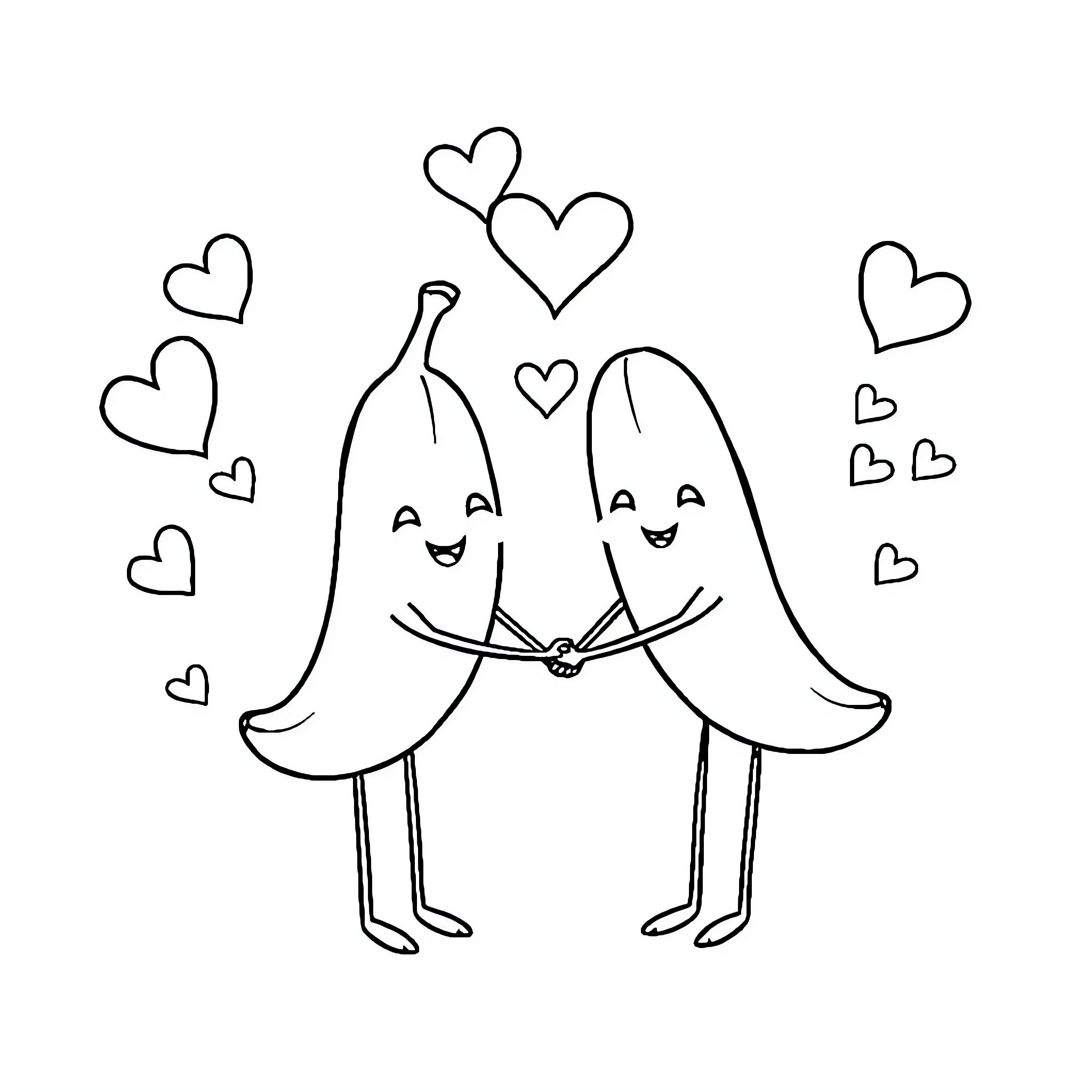 Banana Lovers Holding Hands with Hearts Coloring Page (free black-and-white line drawing printable PDF for all, from beginners to advanced learners, including children, teens, adults, and seniors)