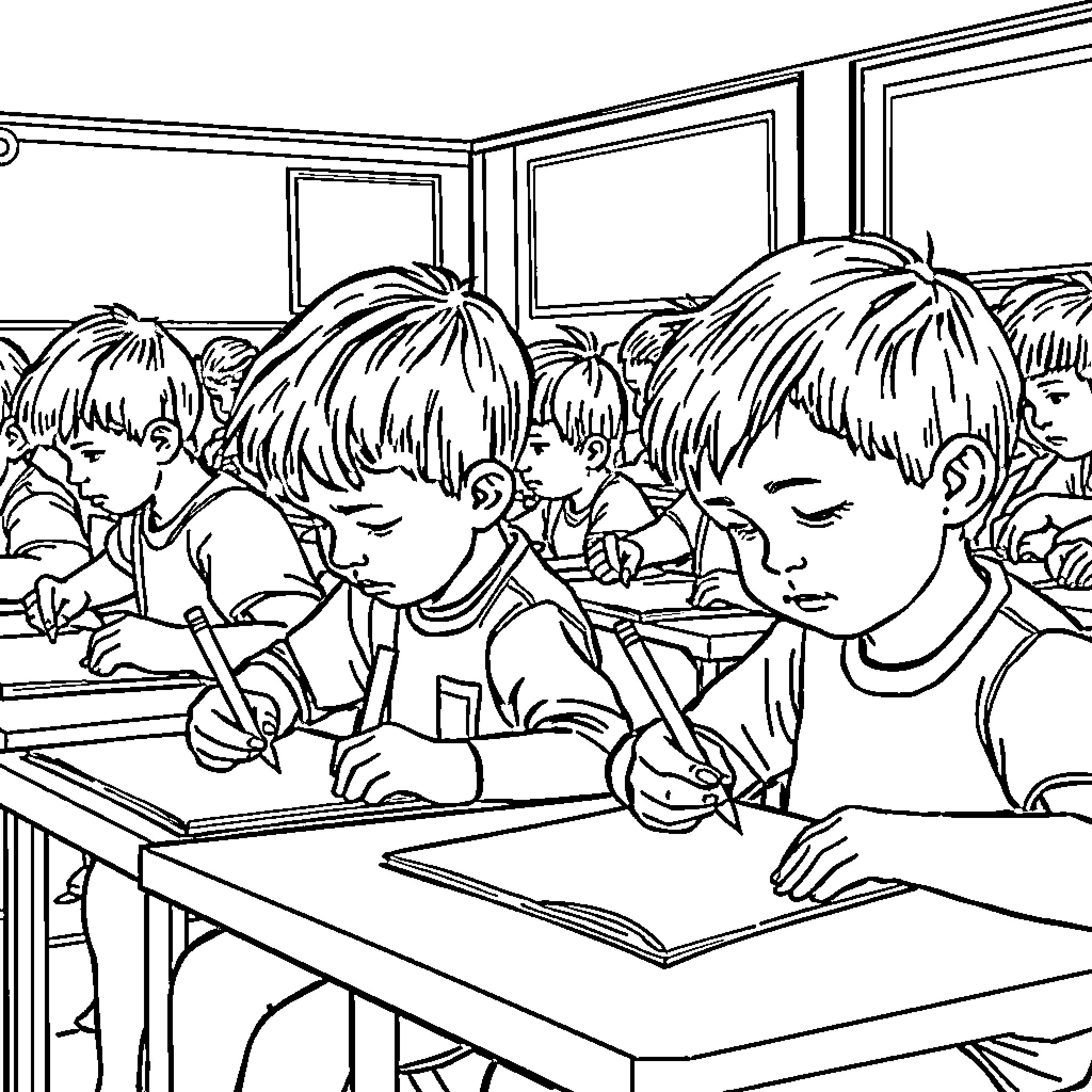 Children studying diligently in a classroom Coloring Page (free black-and-white line drawing printable PDF for all, from beginners to advanced learners, including children, teens, adults, and seniors)