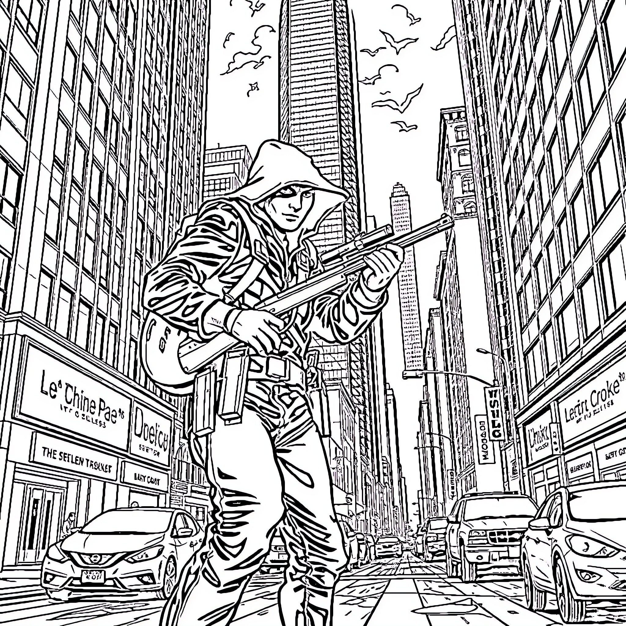 Hunter Navigating the Bustling City Landscape Coloring Page (free black-and-white line drawing printable PDF for all, from beginners to advanced learners, including children, teens, adults, and seniors)