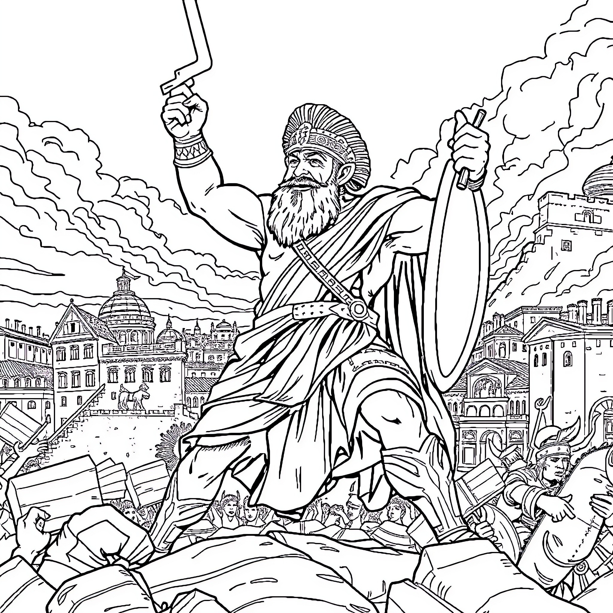 Hannibal's Triumphant Siege: A Defiant Leader Rises Coloring Page (free black-and-white line drawing printable PDF for all, from beginners to advanced learners, including children, teens, adults, and seniors)