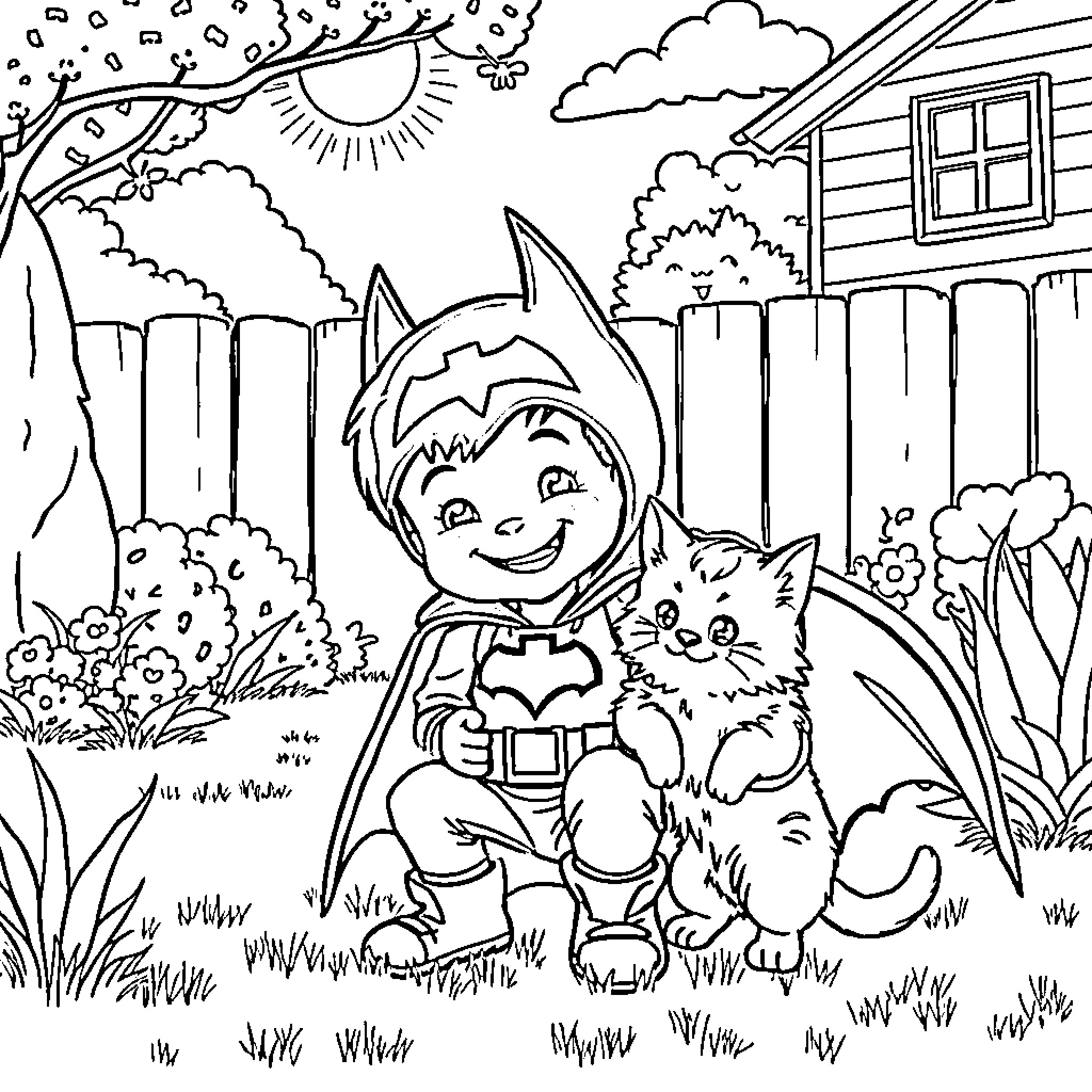 Boy plays happily with pet cat in outdoor scenery Coloring Page (free black-and-white line drawing printable PDF for all, from beginners to advanced learners, including children, teens, adults, and seniors)