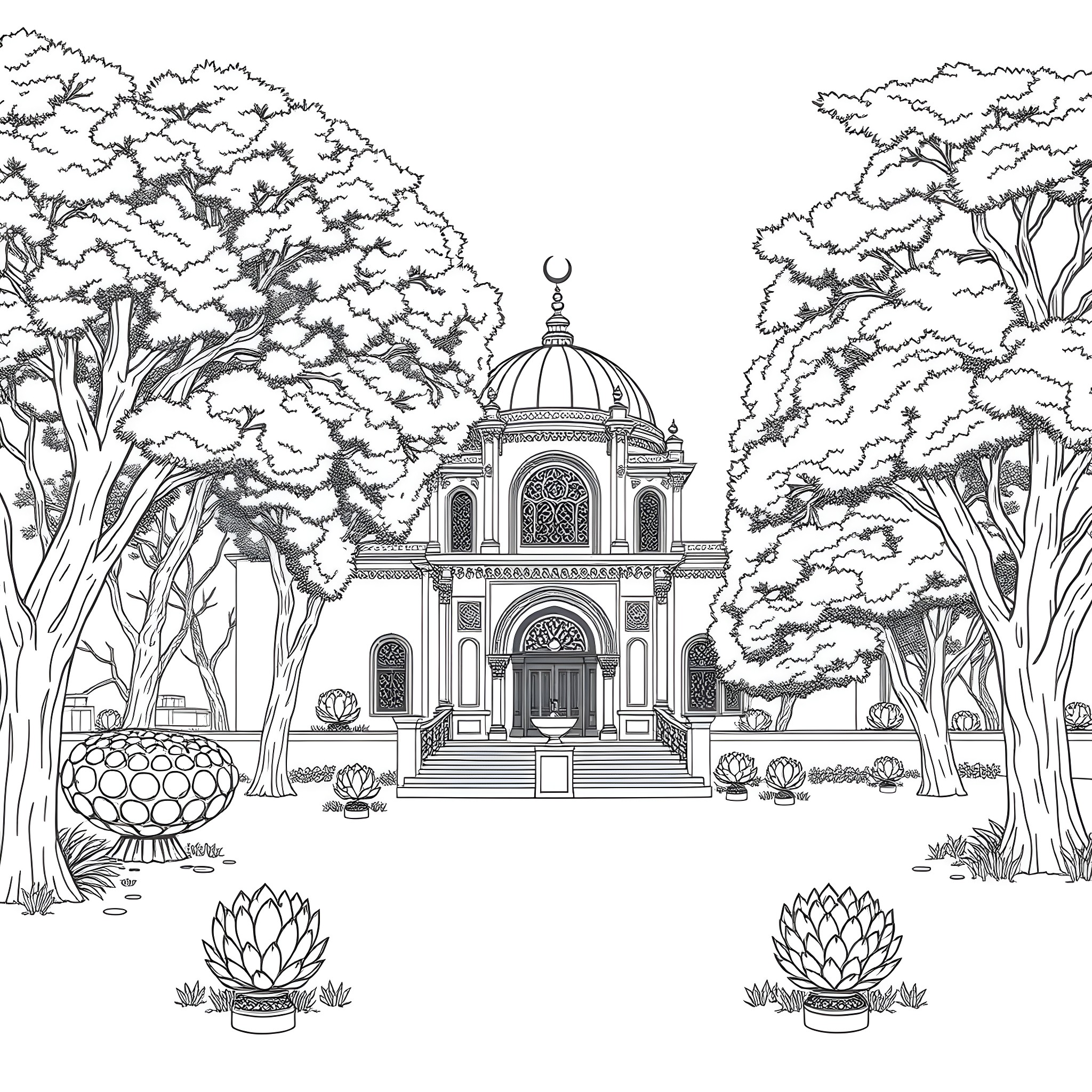 House of worship in a lush forest landscape Coloring Page (free black-and-white line drawing printable PDF for all, from beginners to advanced learners, including children, teens, adults, and seniors)