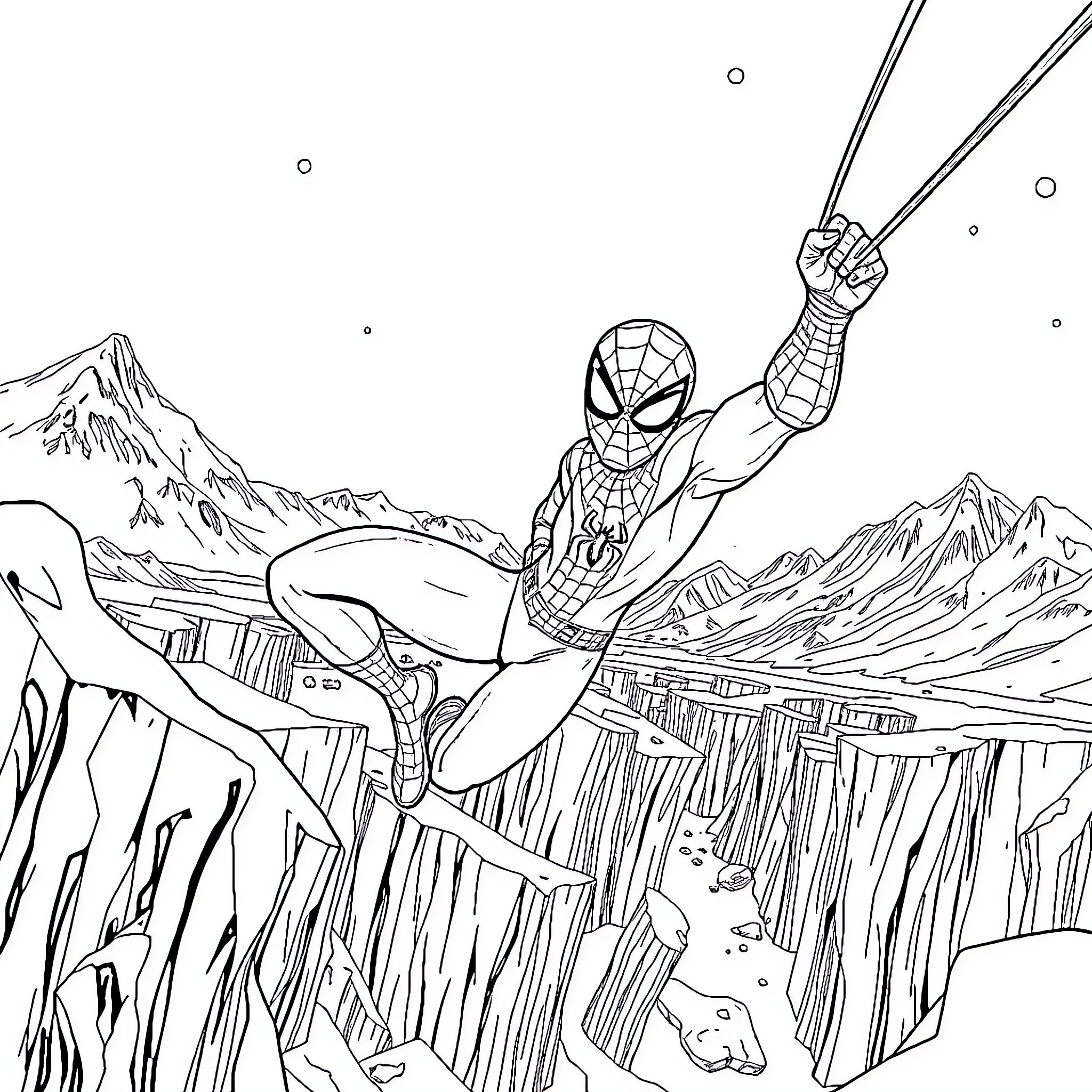 Spiderman swinging through the icy mountains Coloring Page (free black-and-white line drawing printable PDF for all, from beginners to advanced learners, including children, teens, adults, and seniors)
